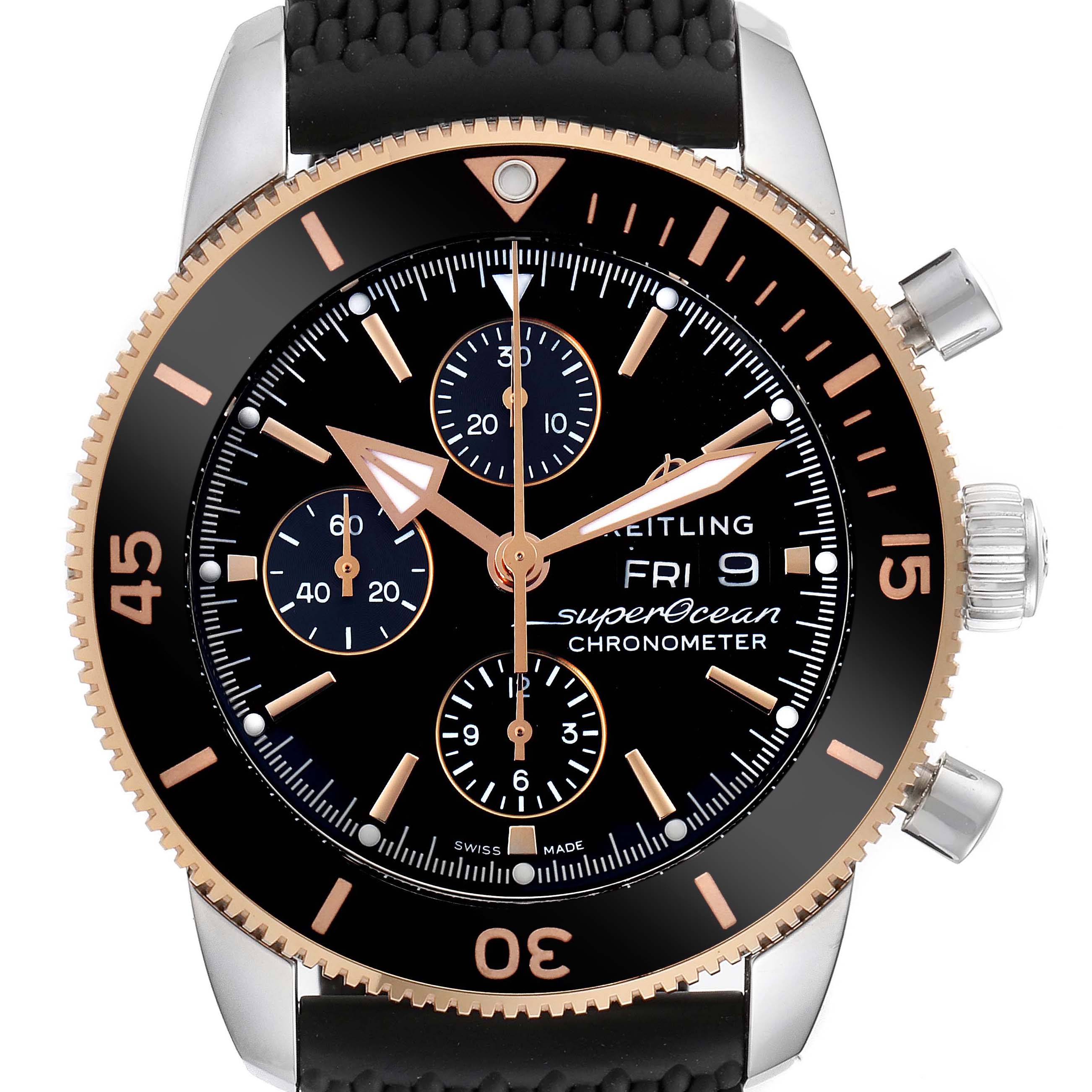 This image shows a front view of the Breitling Superocean U1331312/BG50/279S/A20D.4 Men's Steel and Gold (two tone) Black Dial U1331312/BG50/279S/A20D.4 Men's Steel and Gold (two tone) Black Dial Chronometer, highlighting the dial, bezel, and crown.
