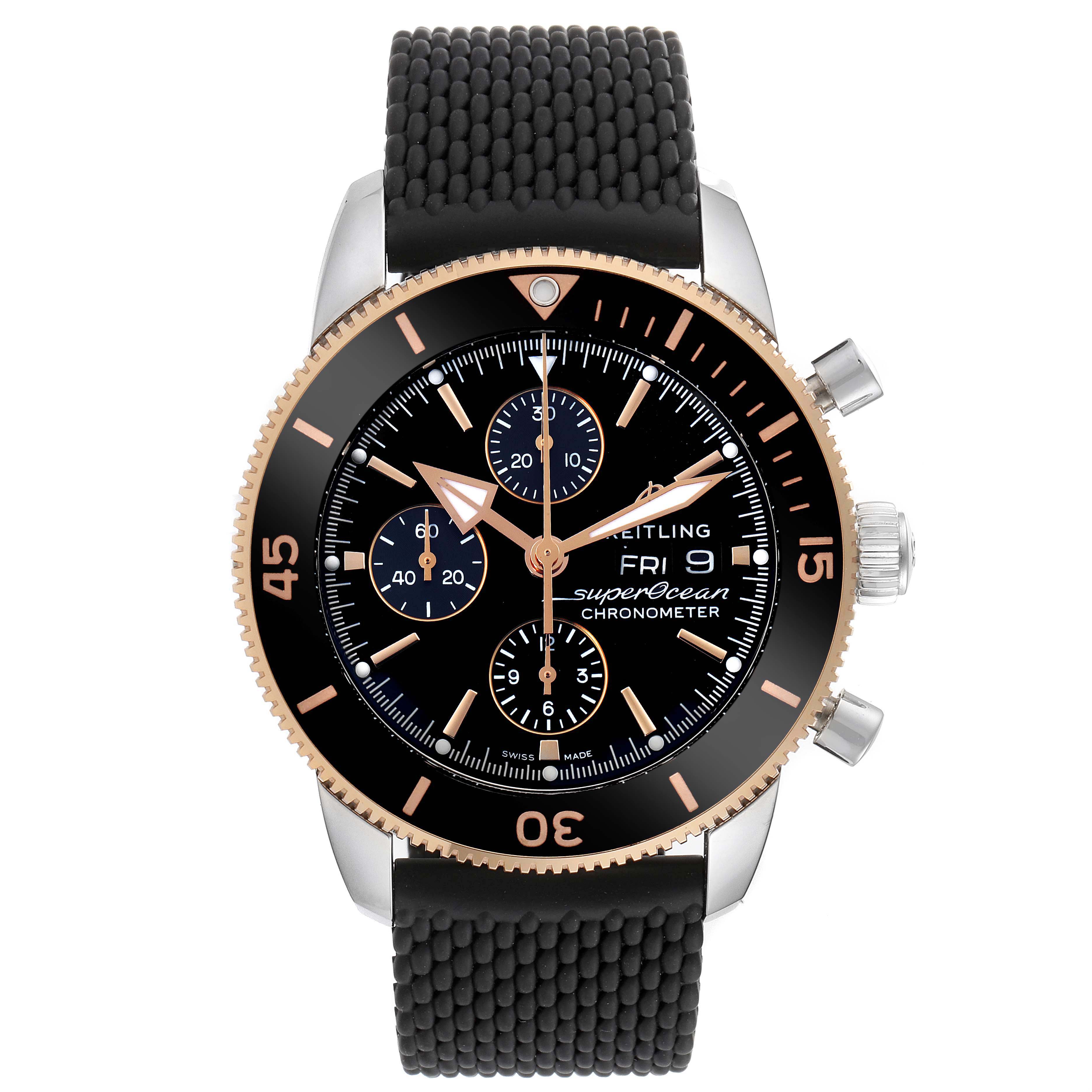 This image shows a front view of the Breitling Superocean U1331312/BG50/279S/A20D.4 Men's Steel and Gold (two tone) Black Dial U1331312/BG50/279S/A20D.4 Men's Steel and Gold (two tone) Black Dial model watch, highlighting its dial, bezel, and rubber strap.