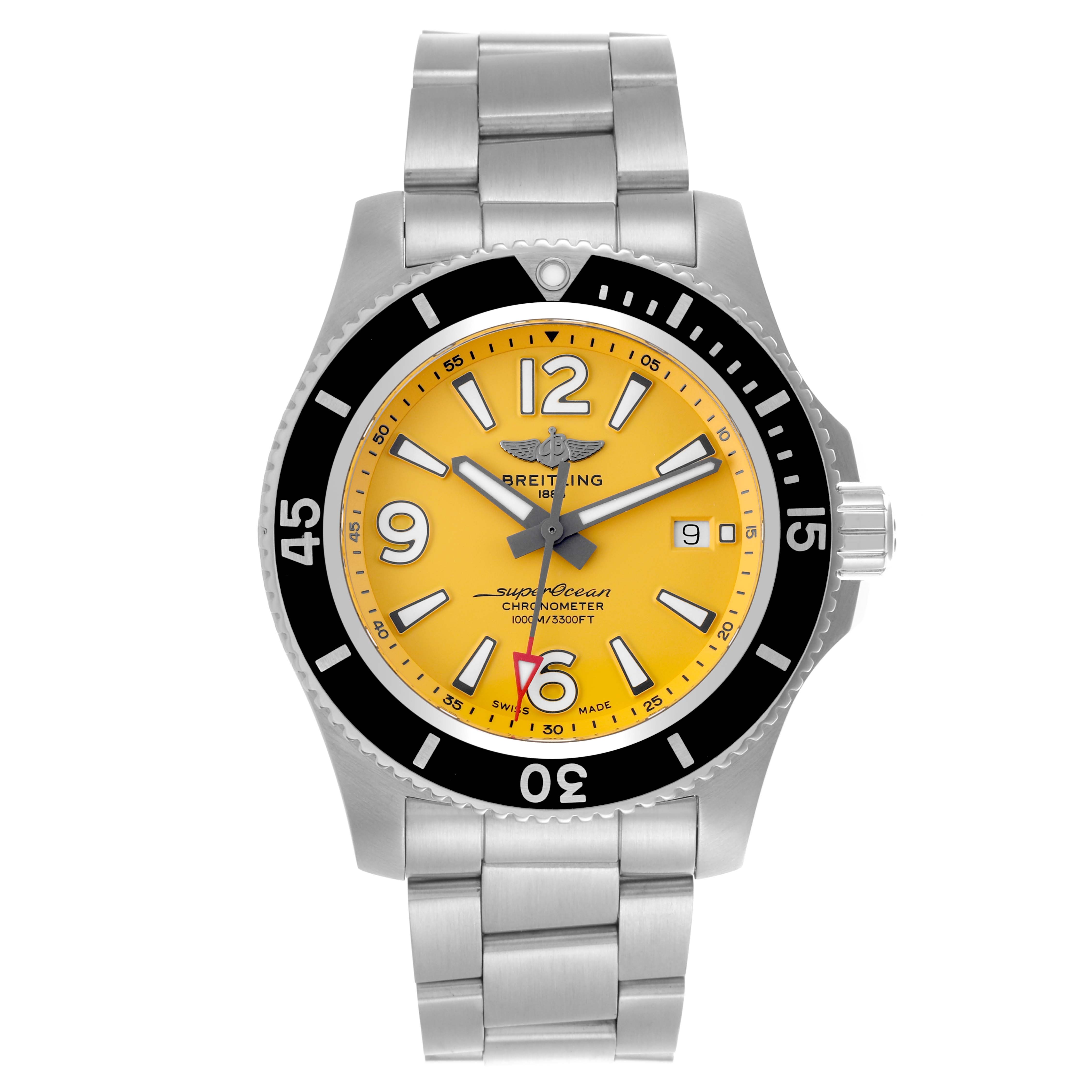The Breitling Superocean A17367 Men's Stainless Steel Yellow Dial A17367 Men's Stainless Steel Yellow Dial watch is shown from the front, displaying the face, bezel, and stainless steel bracelet.