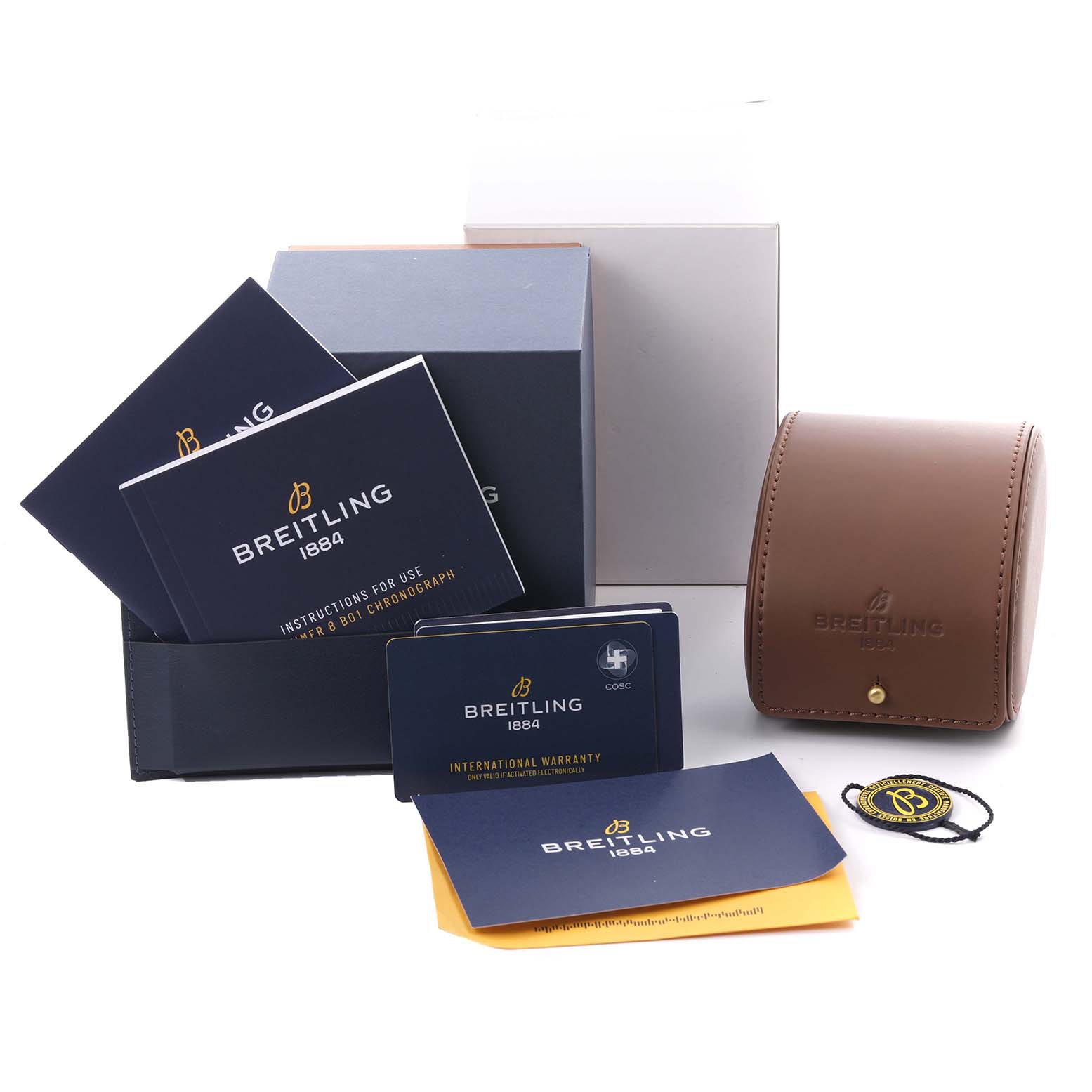 The image shows Breitling Superocean A17367 Men's Stainless Steel Yellow Dial A17367 Men's Stainless Steel Yellow Dial watch accessories including a box, brown case, manuals, and warranty cards.