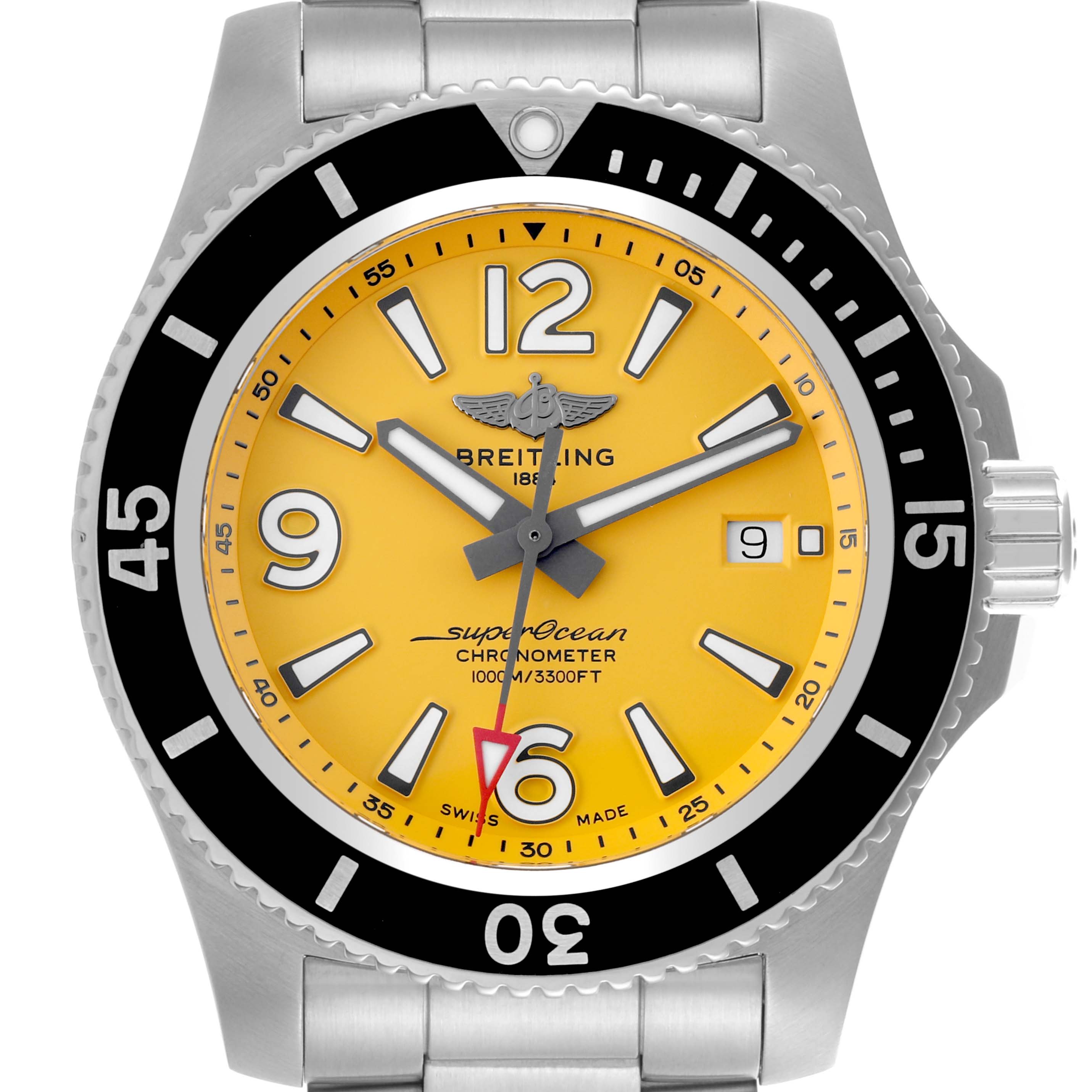 The Breitling Superocean A17367 Men's Stainless Steel Yellow Dial A17367 Men's Stainless Steel Yellow Dial watch is shown from the front, highlighting the dial, bezel, and part of the bracelet.