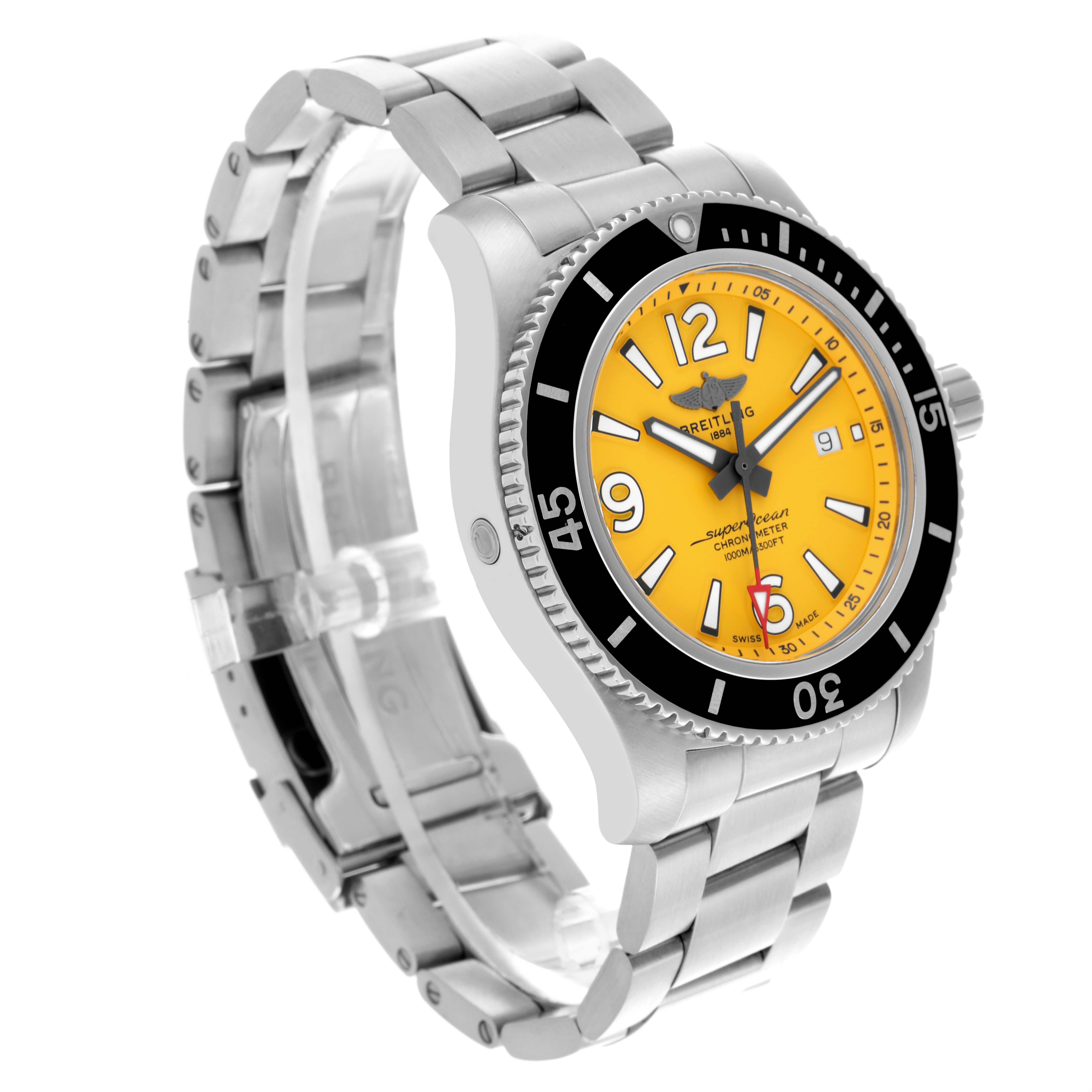 The Breitling Superocean A17367 Men's Stainless Steel Yellow Dial A17367 Men's Stainless Steel Yellow Dial watch is shown at an angle highlighting its yellow dial, stainless steel bracelet, and black bezel.