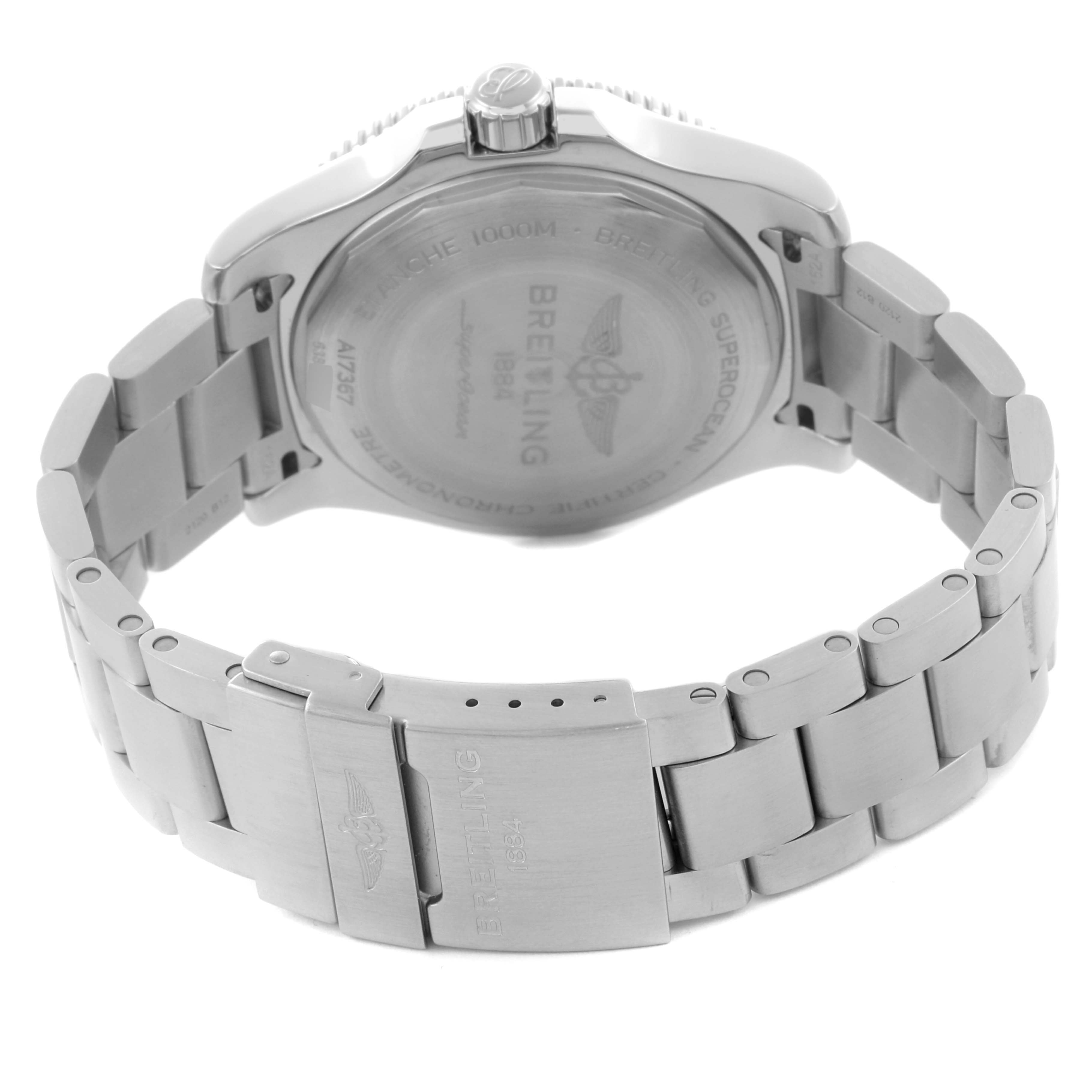 The image shows the back case and bracelet of the Breitling Superocean A17367 Men's Stainless Steel Yellow Dial A17367 Men's Stainless Steel Yellow Dial watch at a rear angle.