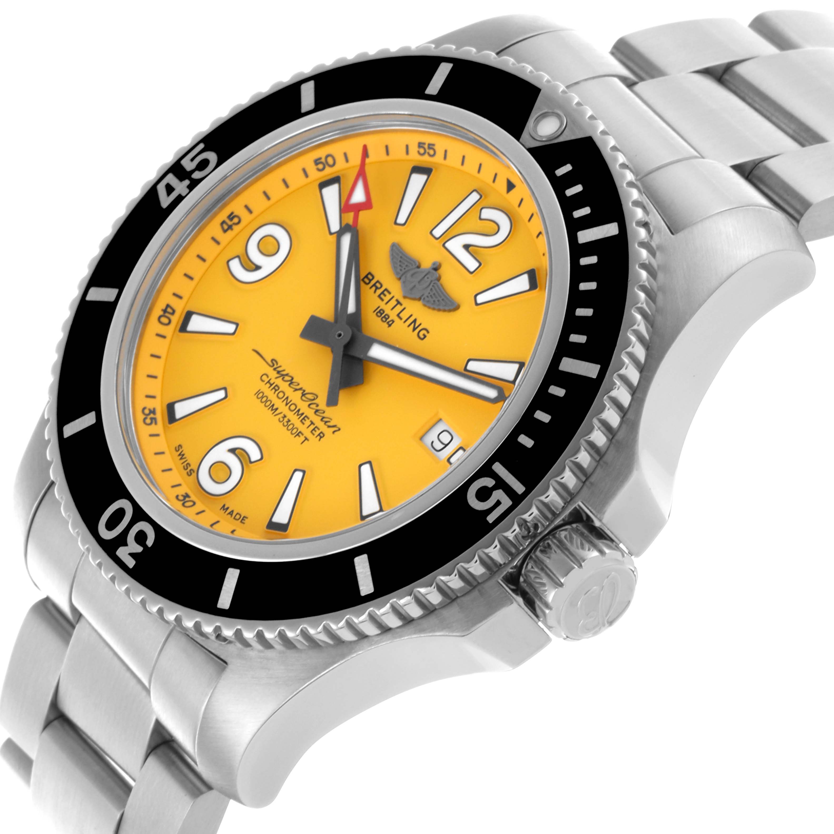 The Breitling Superocean A17367 Men's Stainless Steel Yellow Dial A17367 Men's Stainless Steel Yellow Dial watch is shown at a three-quarter angle, highlighting the yellow dial, bezel, crown, and bracelet.