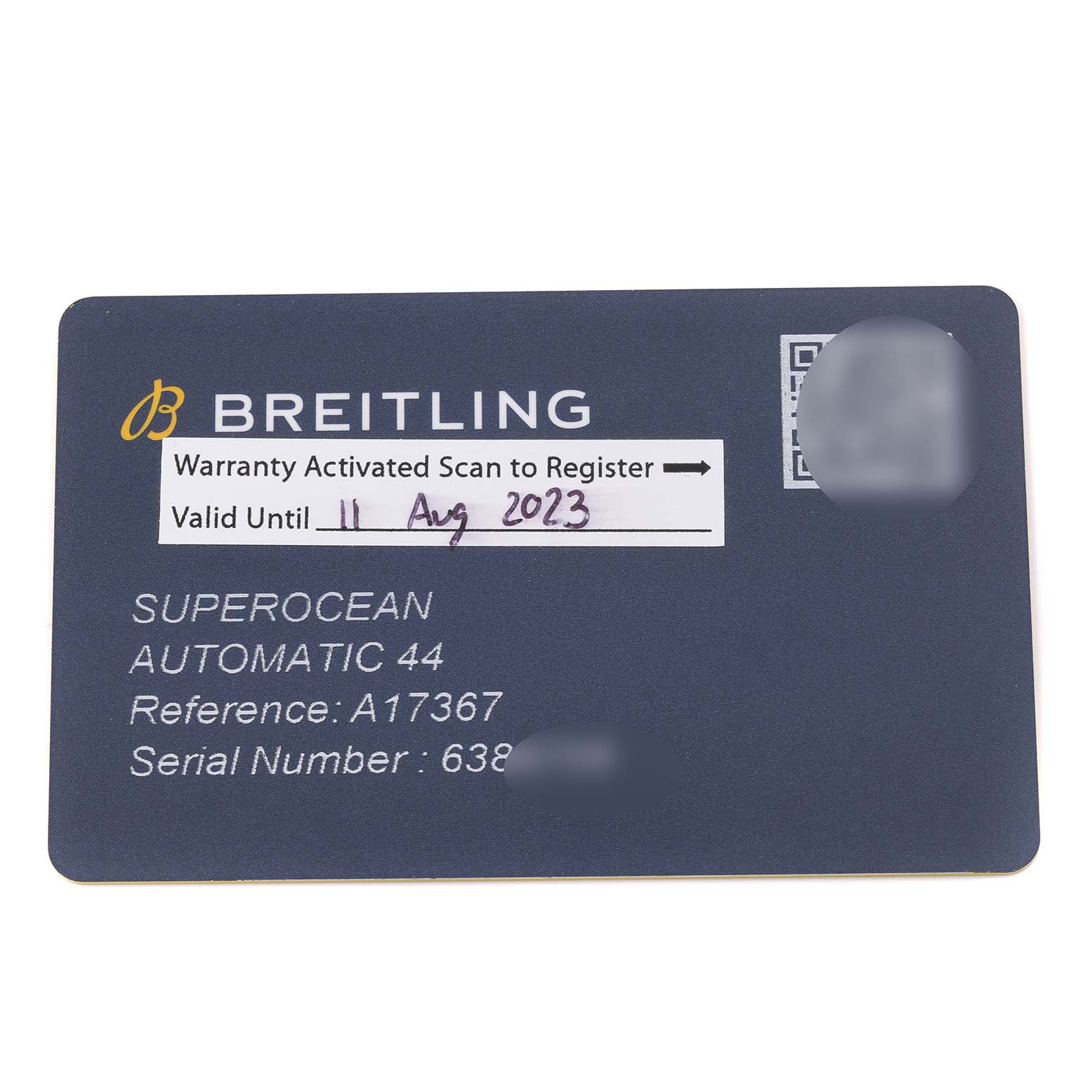 The image shows a warranty card for the Breitling Superocean A17367 Men's Stainless Steel Yellow Dial A17367 Men's Stainless Steel Yellow Dial Automatic 44 watch.