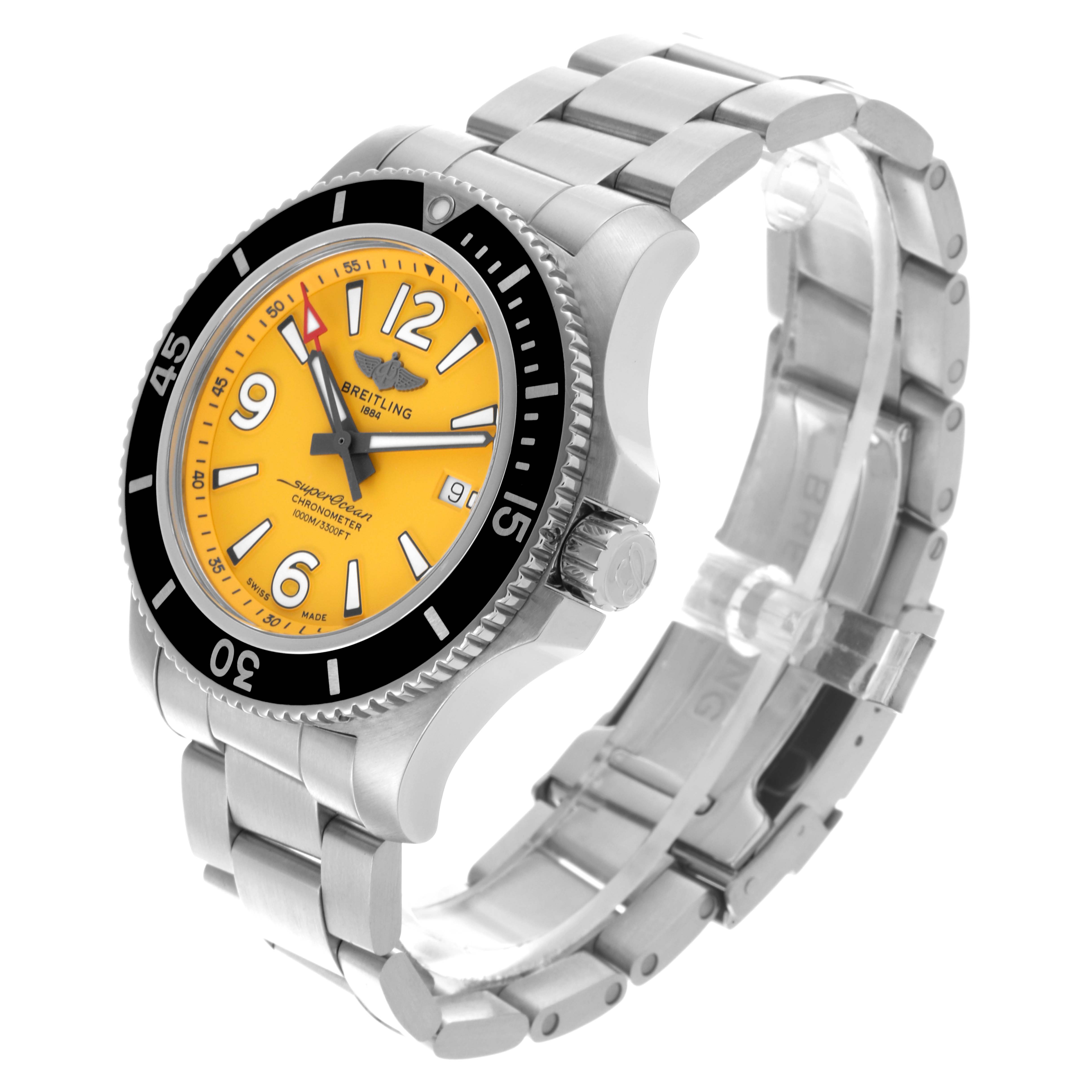 The Breitling Superocean A17367 Men's Stainless Steel Yellow Dial A17367 Men's Stainless Steel Yellow Dial watch is shown at a three-quarter angle, highlighting the dial, bezel, crown, and metal bracelet.