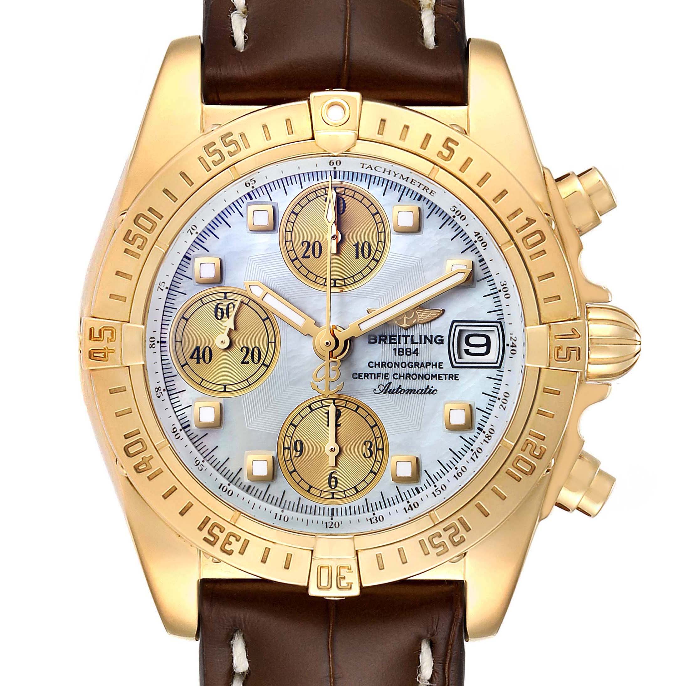 The image shows a front view of a Breitling Windrider K13358 Men's Yellow Gold Mother of Pearl Dial K13358 Men's Yellow Gold Mother of Pearl Dial watch, highlighting its face, bezel, chronographs, and crown.