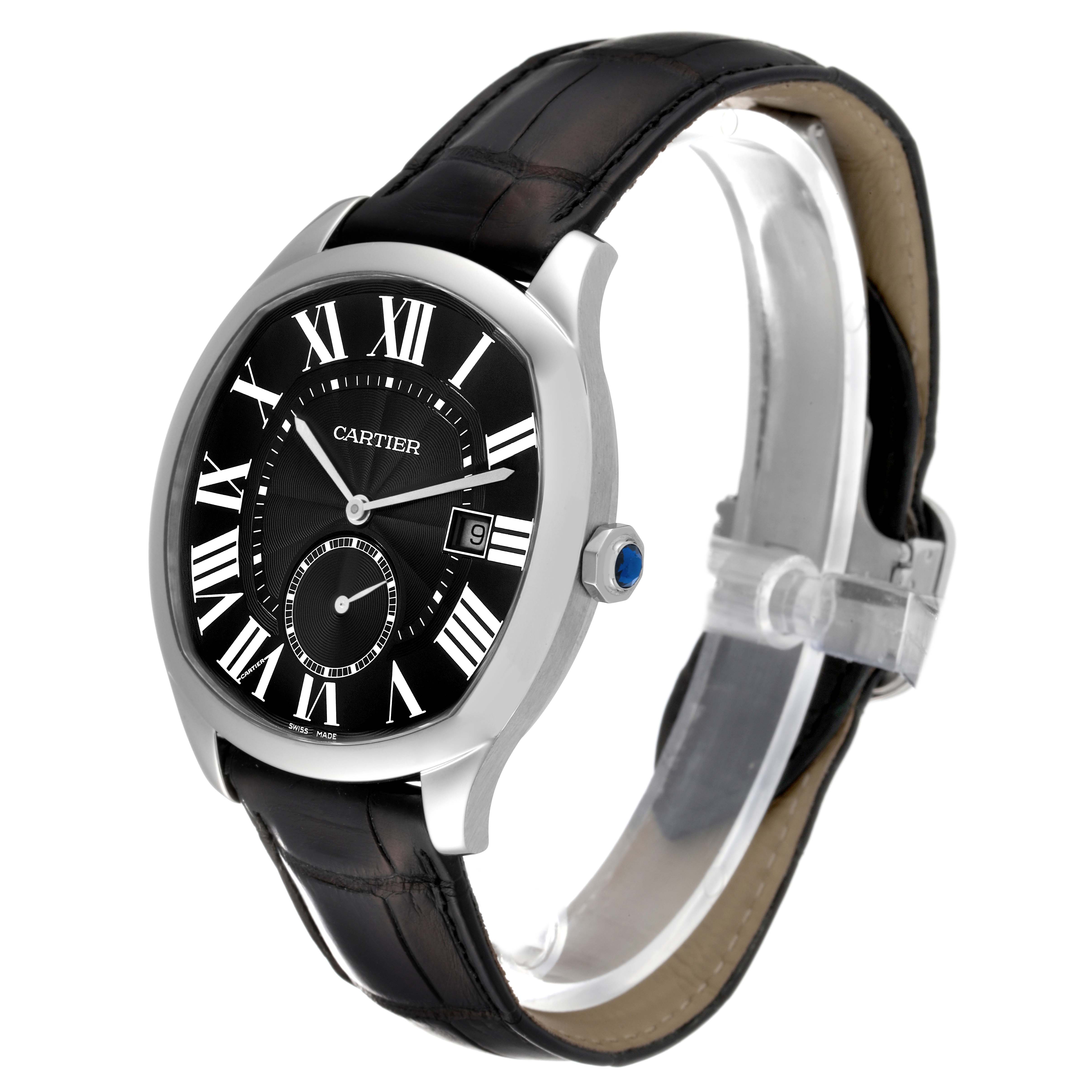 This image shows a Drive de Cartier watch by Cartier at a slightly angled top-side view, highlighting the black leather strap and round dial.