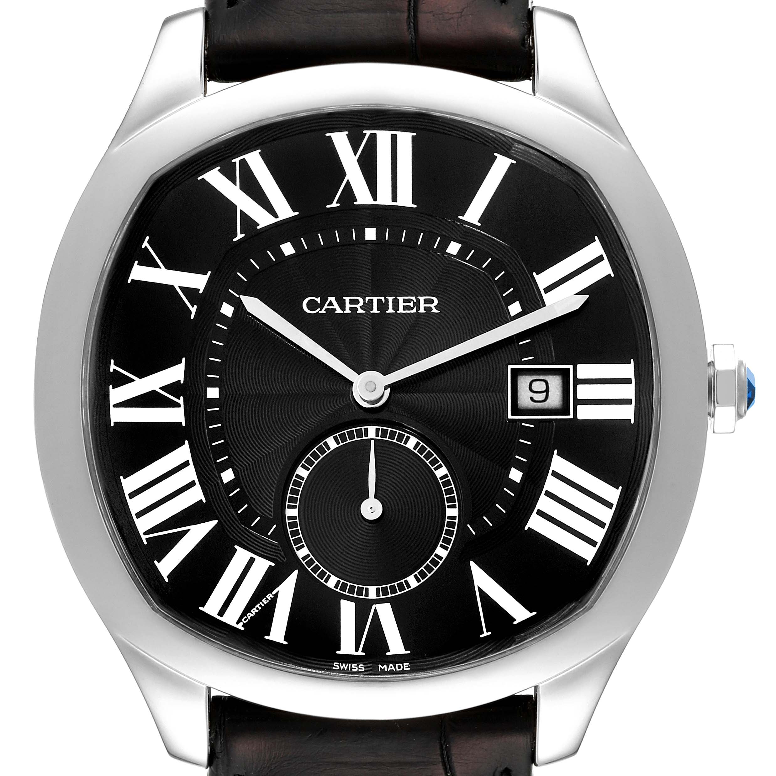 The image shows a front view of the Drive de Cartier watch by Cartier, highlighting its dial, Roman numerals, date window, and sub-dial.