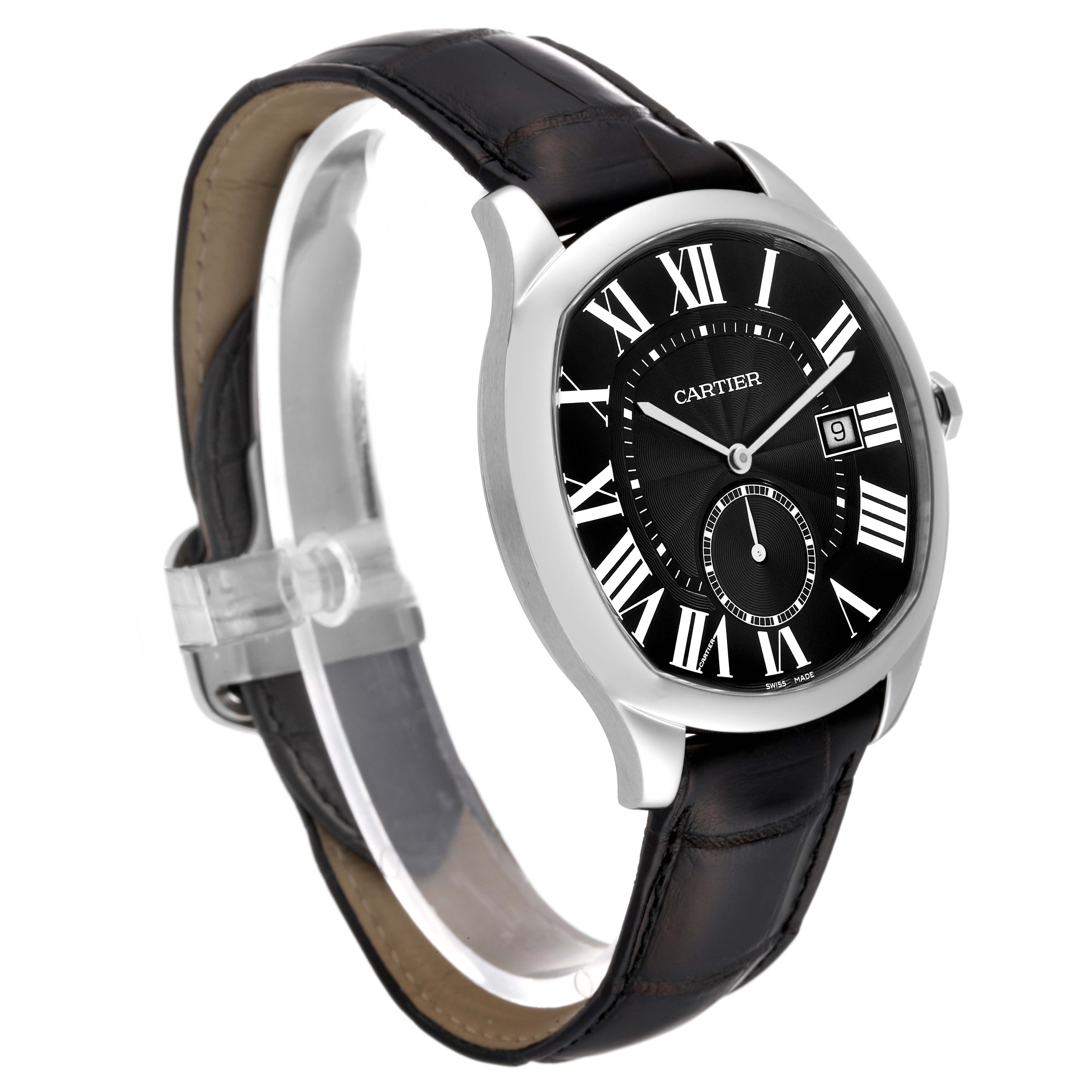 The image shows a Drive de Cartier watch with a black dial, Roman numerals, date window, and a black leather strap at a three-quarter angle.