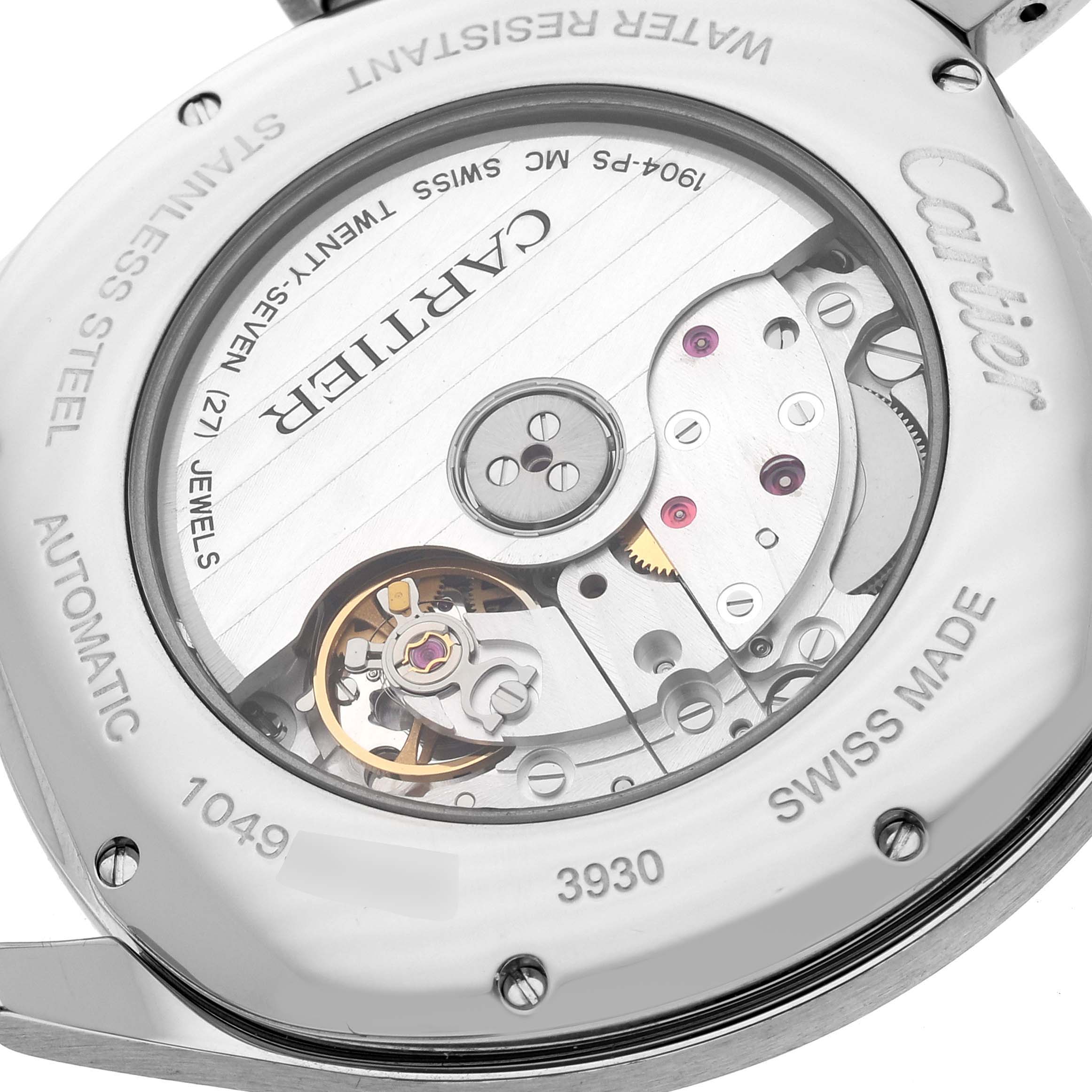 This is a close-up view of the back of the Drive de Cartier watch by Cartier, showcasing its automatic movement and inner mechanisms.