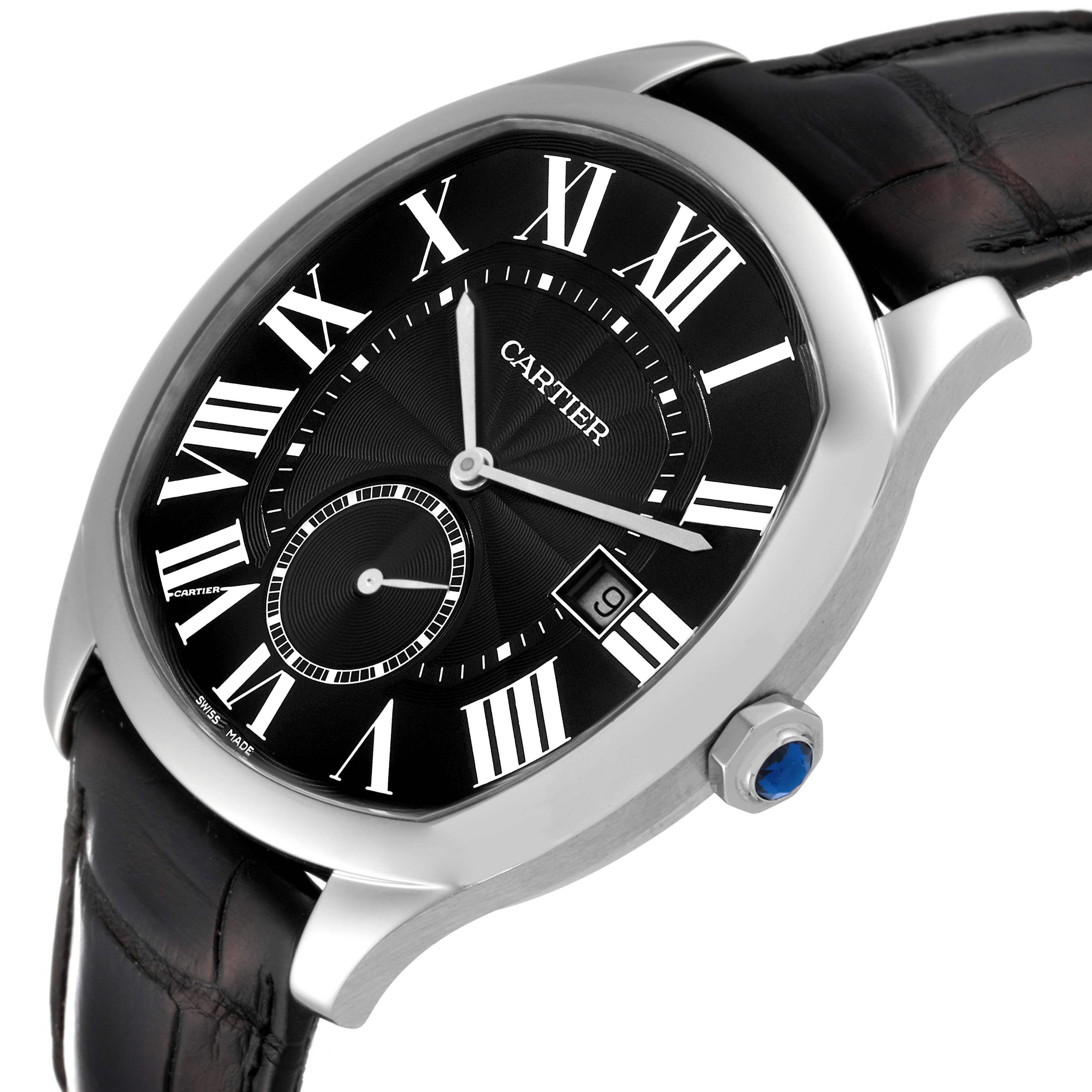 The Drive de Cartier watch by Cartier is displayed at a slight angle, showing the black dial, Roman numerals, date window, and leather strap.