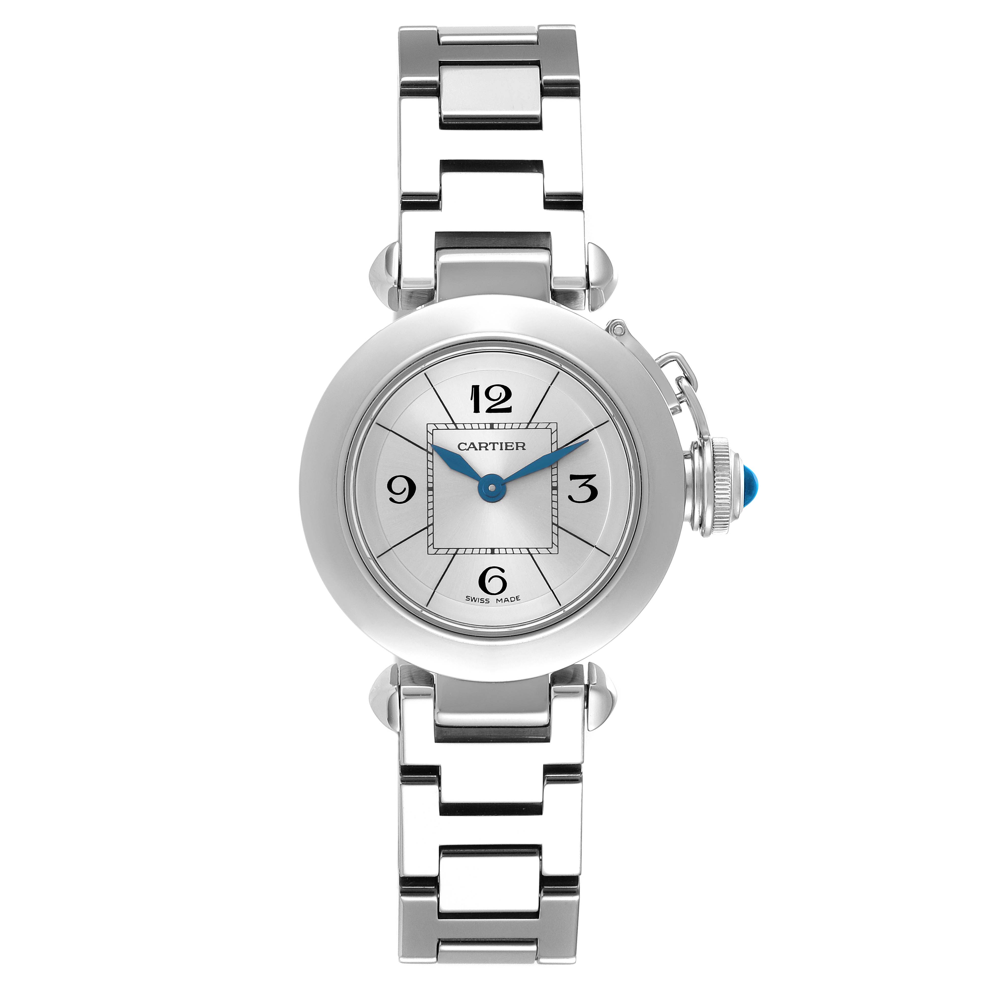 The Cartier Pasha W3140007 Women's Stainless Steel Silver Dial W3140007 Women's Stainless Steel Silver Dial watch is shown from a front view, displaying its round face, distinctive crown, and metal bracelet.