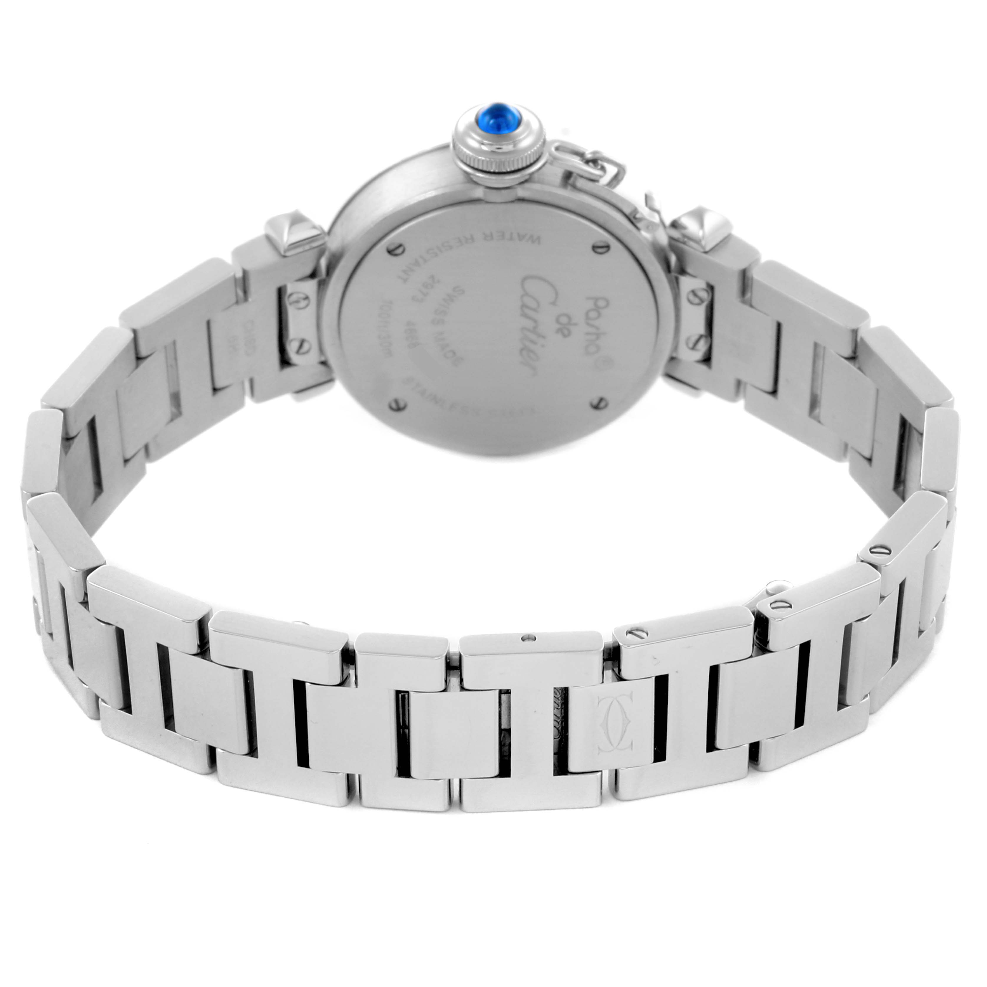 The image shows the back and bracelet of a Cartier Pasha W3140007 Women's Stainless Steel Silver Dial W3140007 Women's Stainless Steel Silver Dial watch, highlighting the clasp and crown.