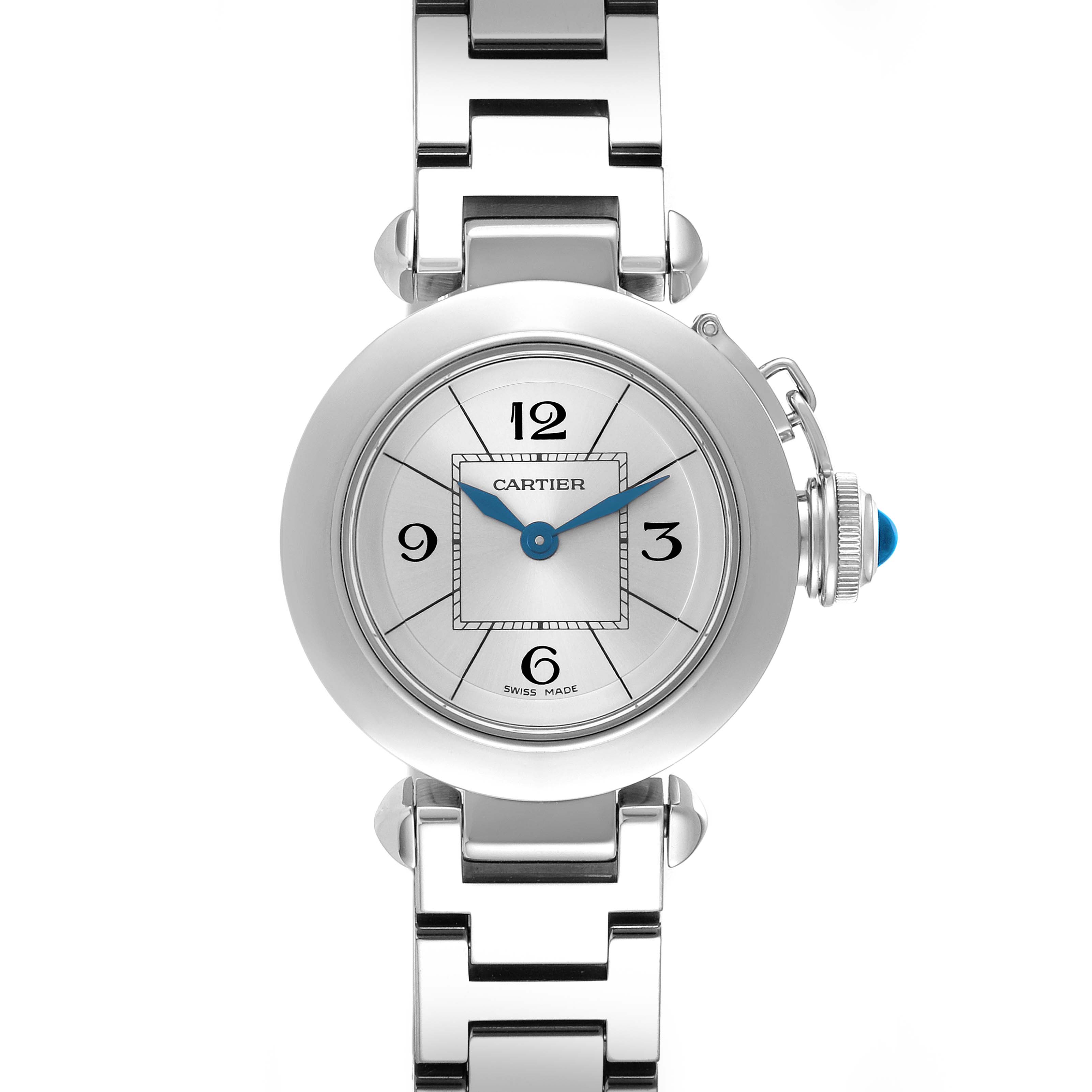 The Cartier Pasha W3140007 Women's Stainless Steel Silver Dial W3140007 Women's Stainless Steel Silver Dial watch is shown from a front angle, displaying its round face, crown with a blue cabochon, and metal bracelet.