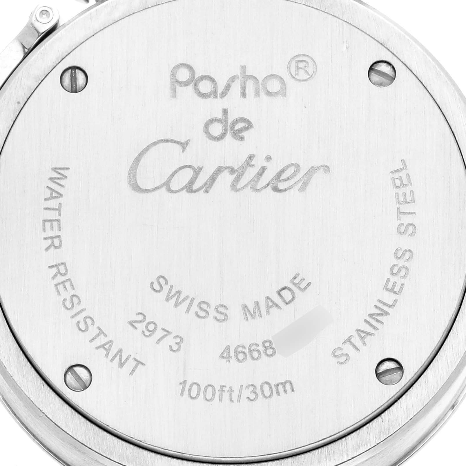 The image shows the back case of a Cartier Pasha W3140007 Women's Stainless Steel Silver Dial W3140007 Women's Stainless Steel Silver Dial watch, displaying brand details and water resistance.