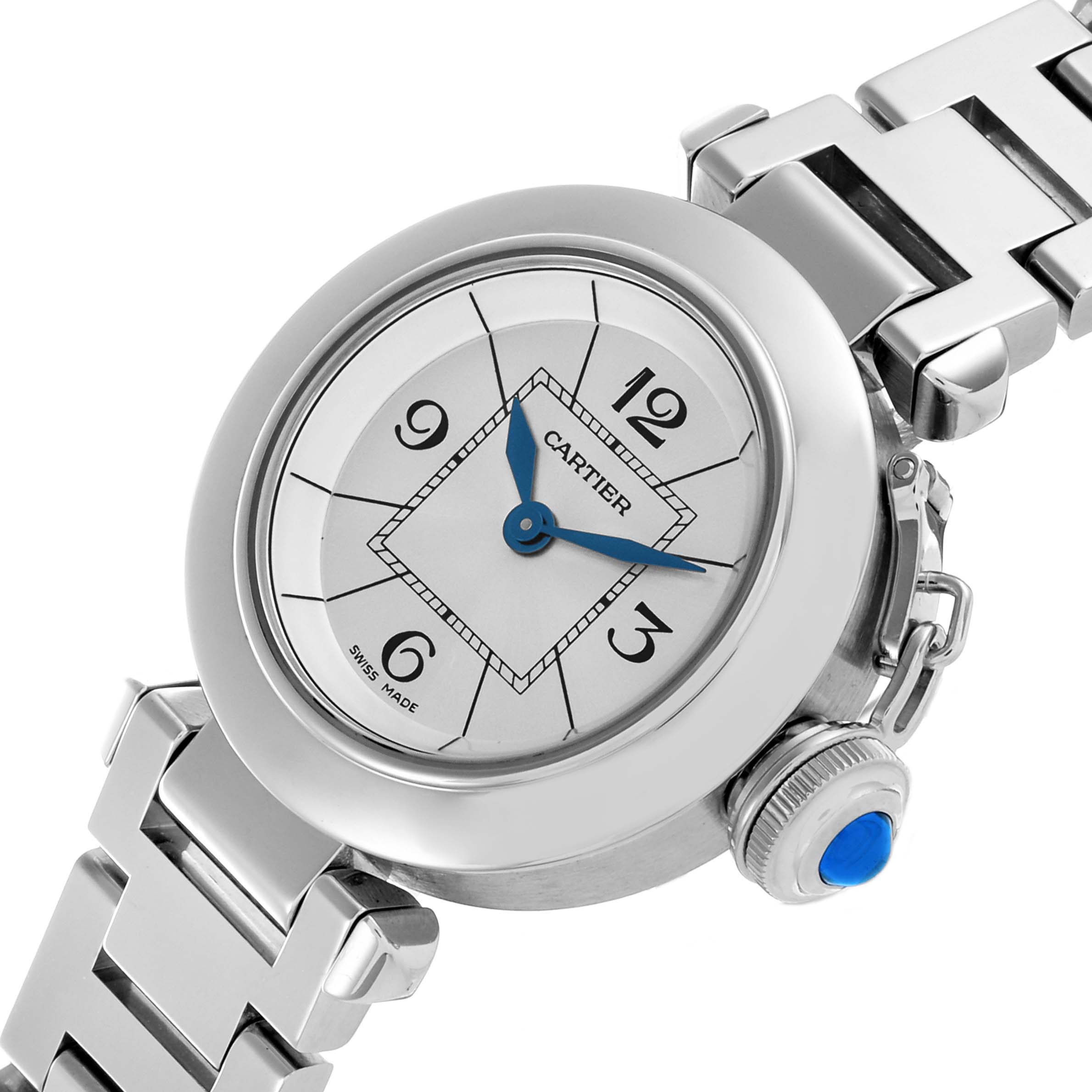 The Cartier Pasha W3140007 Women's Stainless Steel Silver Dial W3140007 Women's Stainless Steel Silver Dial watch is shown at a slight angle, highlighting the face, bracelet, and distinctive crown with a blue accent.