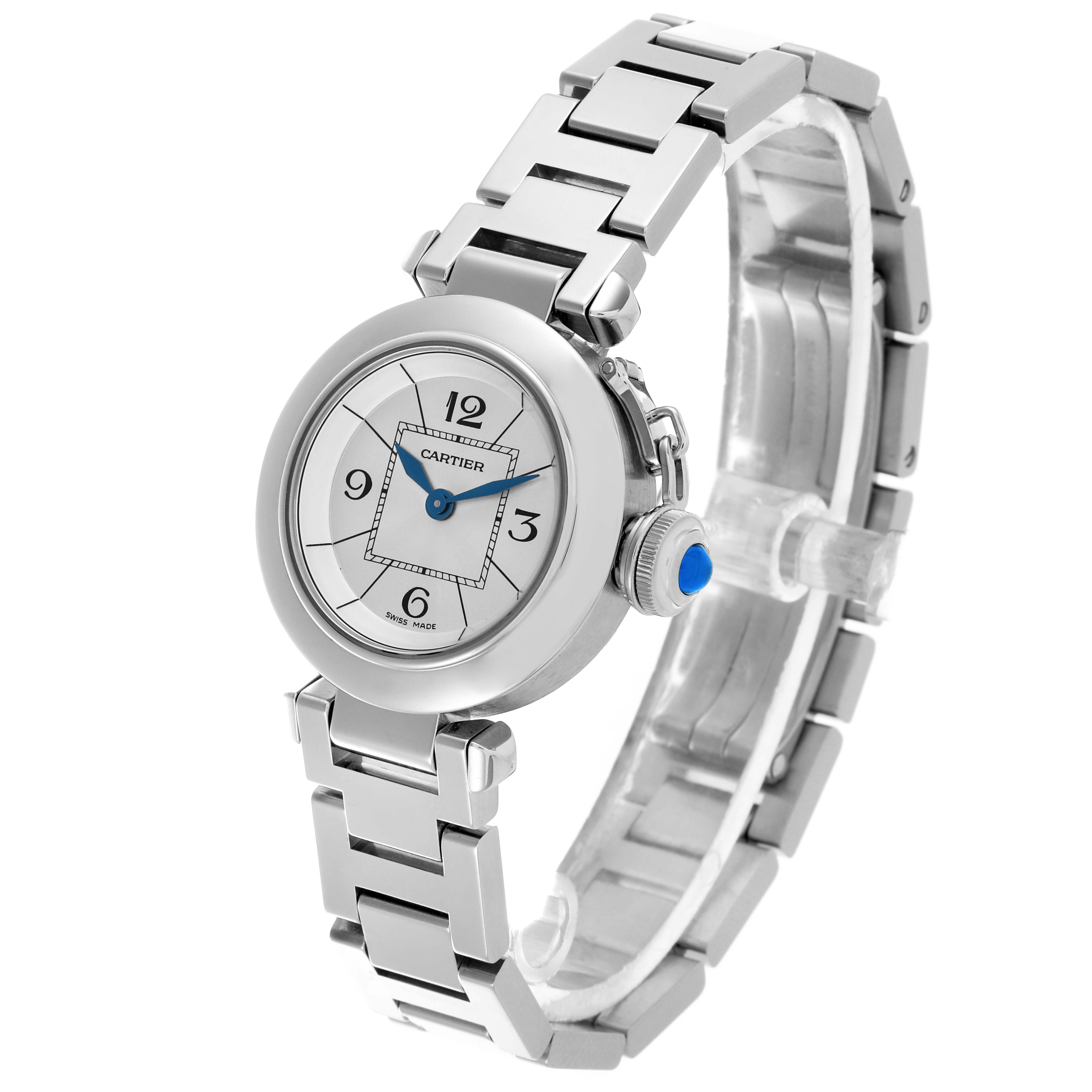 The Cartier Pasha W3140007 Women's Stainless Steel Silver Dial W3140007 Women's Stainless Steel Silver Dial watch is shown at a three-quarter angle, highlighting its face, crown, and metal bracelet.