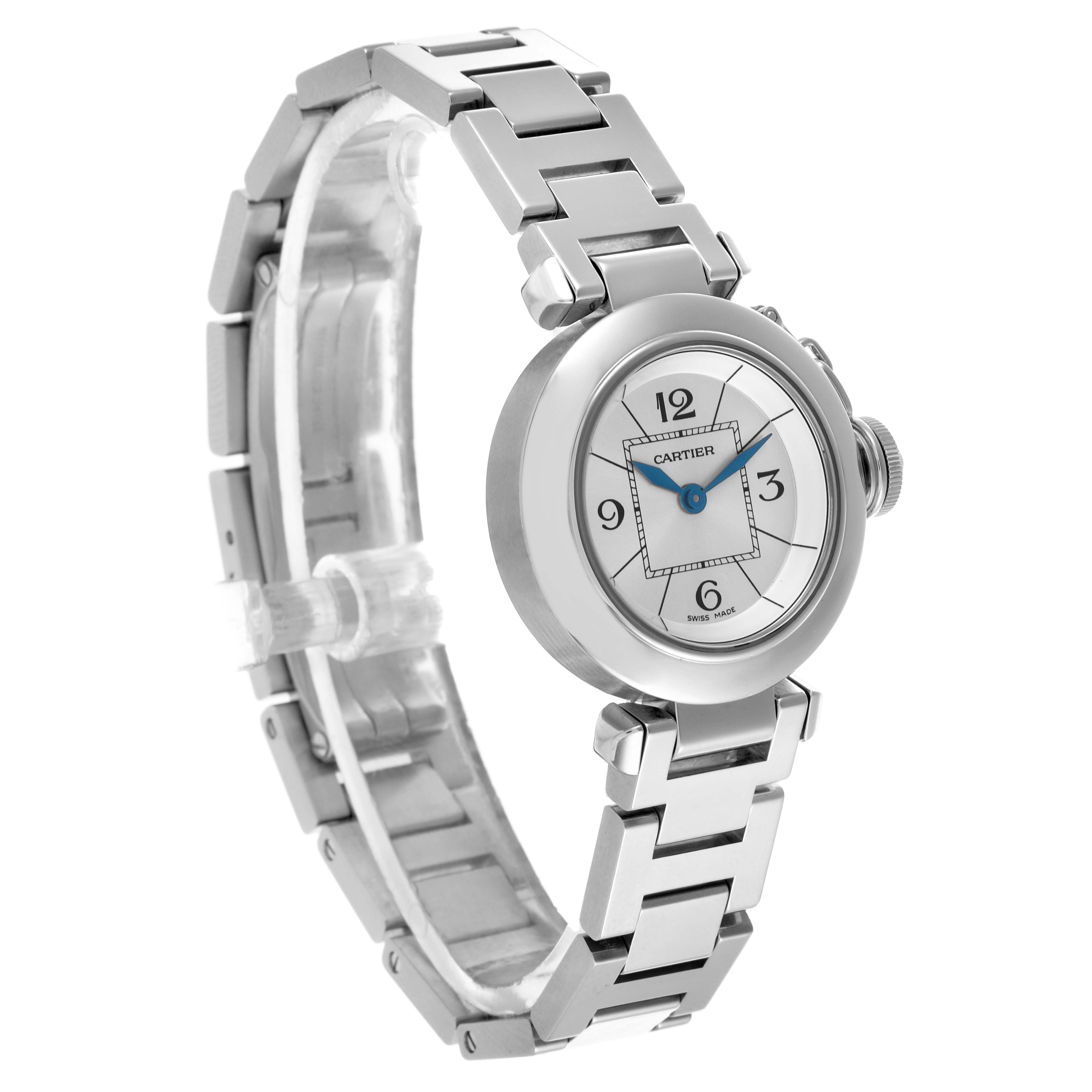 The Cartier Pasha W3140007 Women's Stainless Steel Silver Dial W3140007 Women's Stainless Steel Silver Dial watch is shown at a slight angle, highlighting its face, bezel, and metal bracelet.