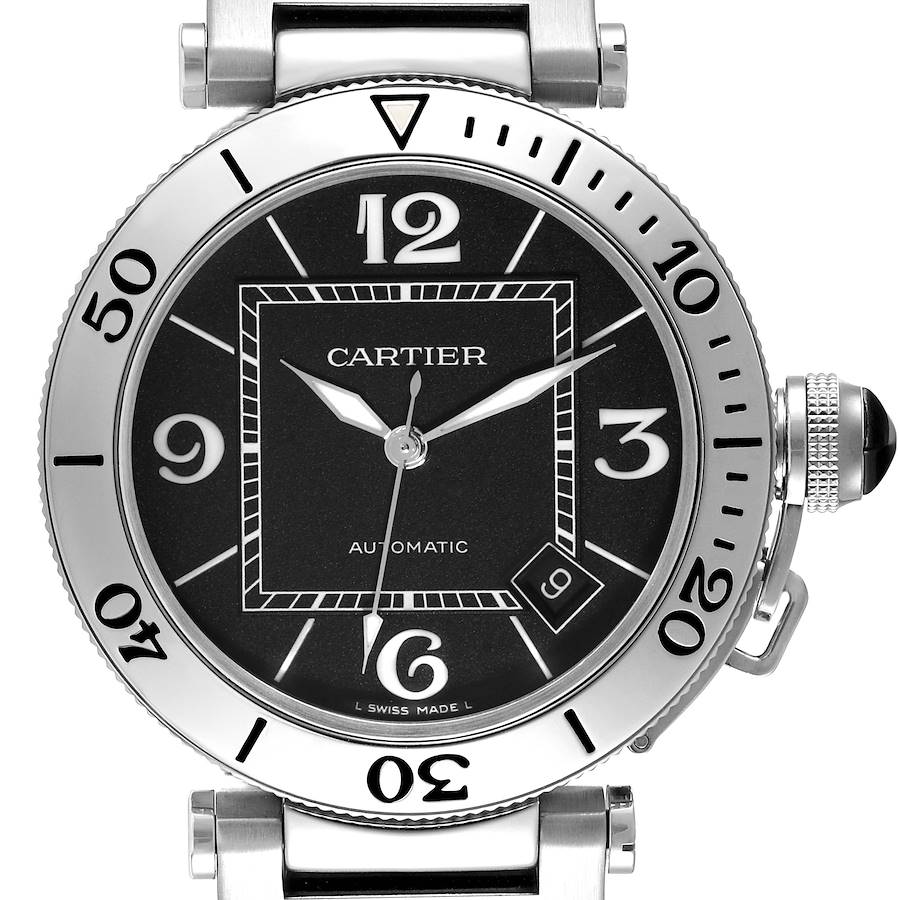 The watch is a Cartier Pasha model, shown from a front angle highlighting the bezel, dial, and crown.