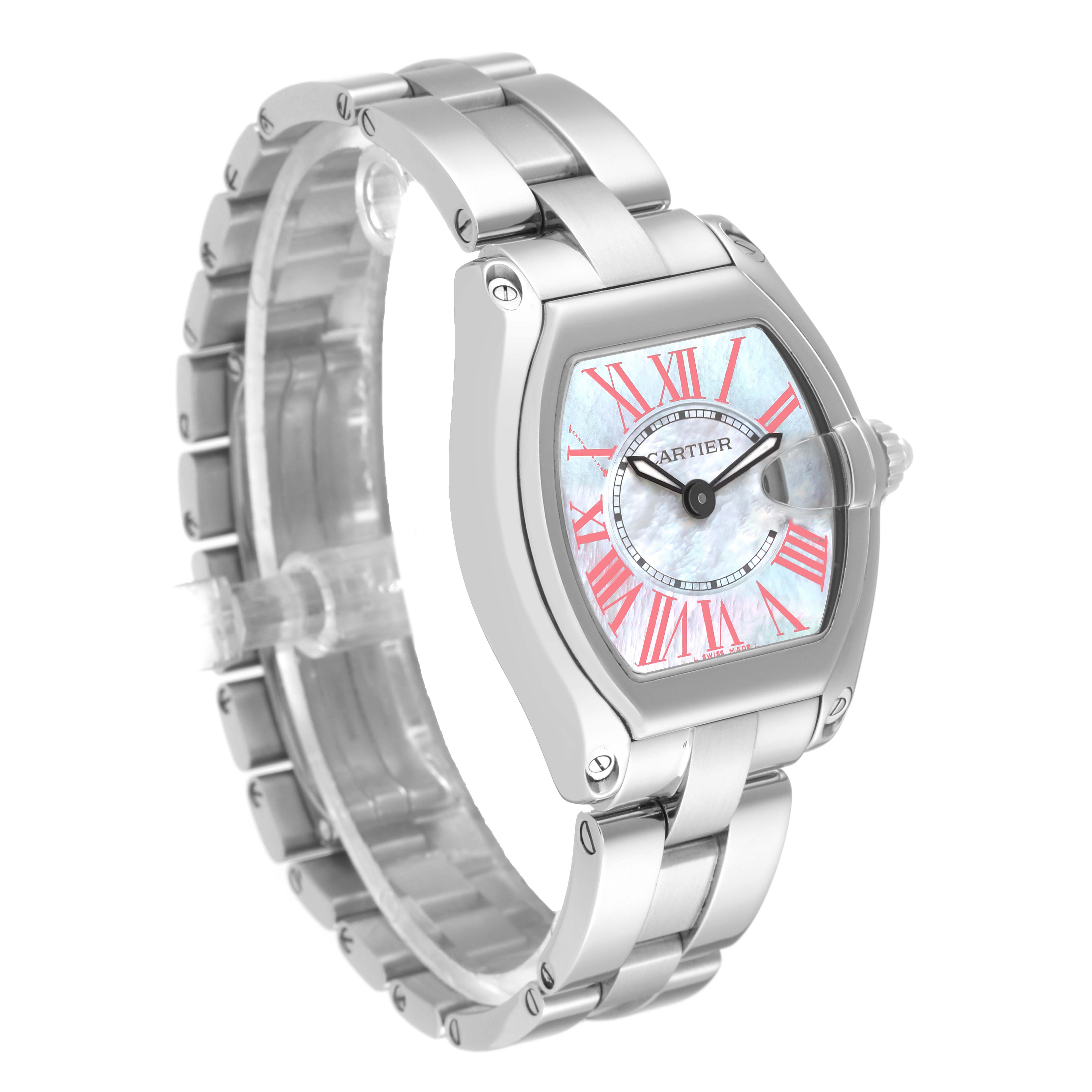 This Cartier Roadster W6206006 Women's Stainless Steel Mother of Pearl Dial W6206006 Women's Stainless Steel Mother of Pearl Dial watch is shown at a side angle displaying its face, bezel, and bracelet.
