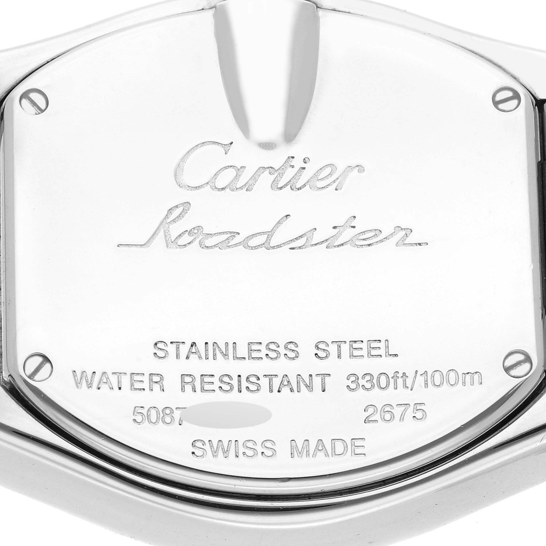The image shows the back case of a Cartier Roadster W6206006 Women's Stainless Steel Mother of Pearl Dial W6206006 Women's Stainless Steel Mother of Pearl Dial watch, highlighting its stainless steel construction and water resistance.