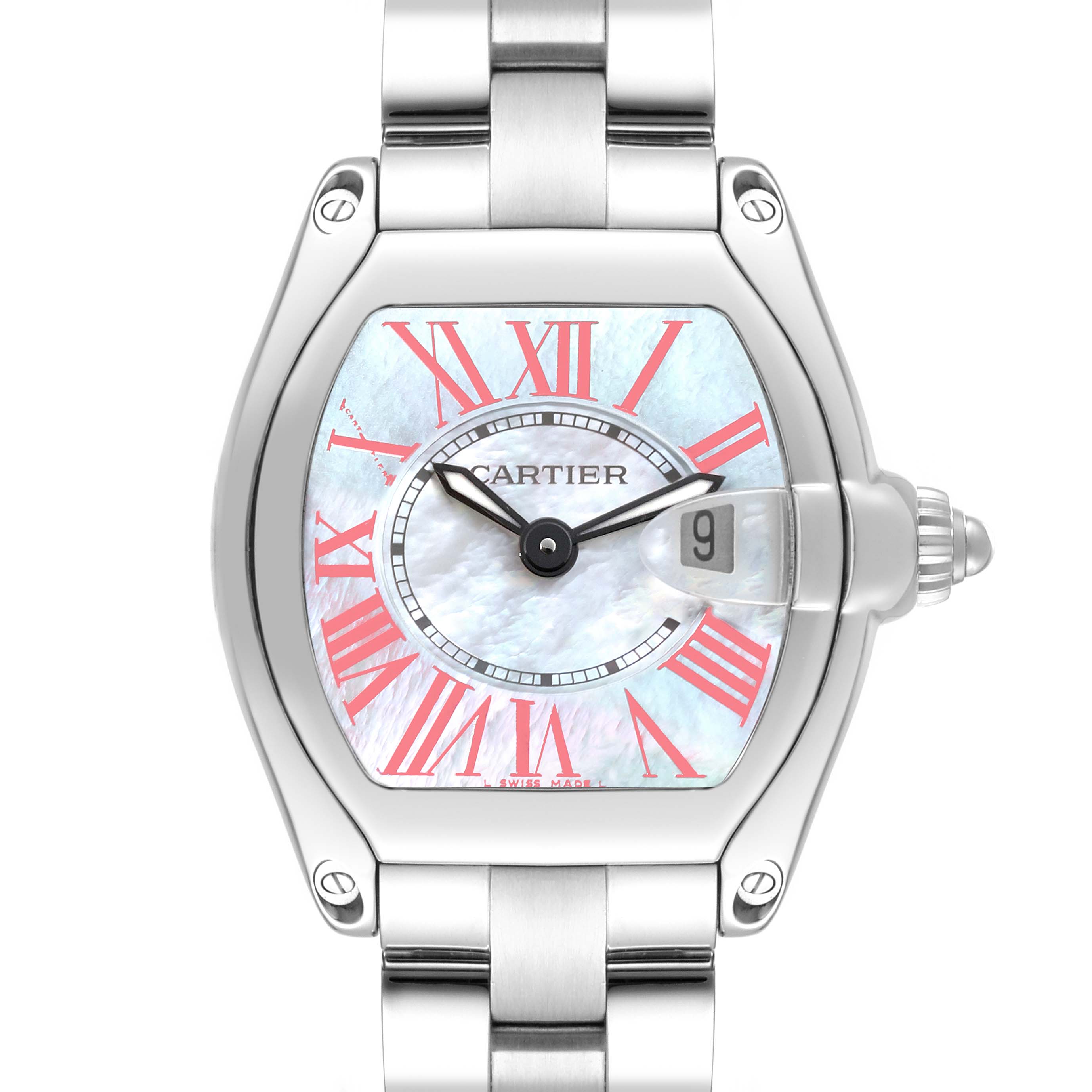 The image shows a close-up front view of the Cartier Roadster W6206006 Women's Stainless Steel Mother of Pearl Dial W6206006 Women's Stainless Steel Mother of Pearl Dial watch, highlighting the dial, hands, and part of the bracelet.