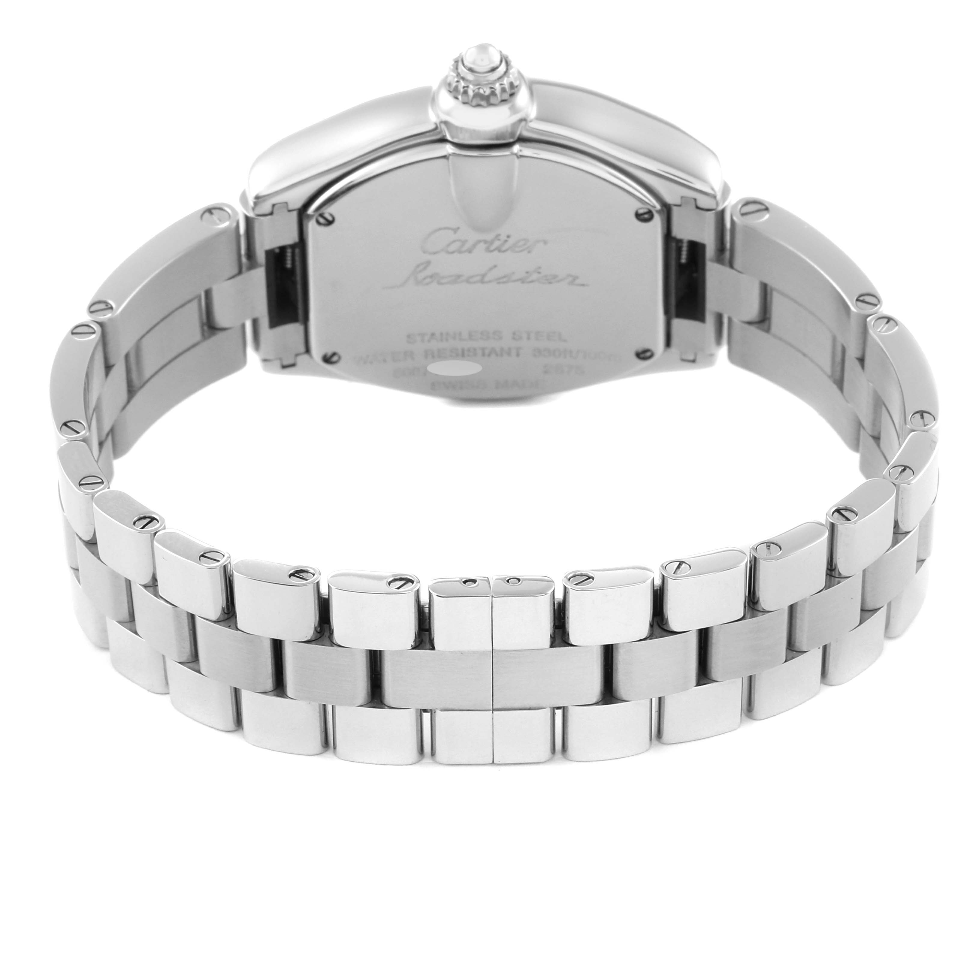The image shows the back view of a Cartier Roadster W6206006 Women's Stainless Steel Mother of Pearl Dial W6206006 Women's Stainless Steel Mother of Pearl Dial watch, highlighting its stainless steel bracelet and case back.