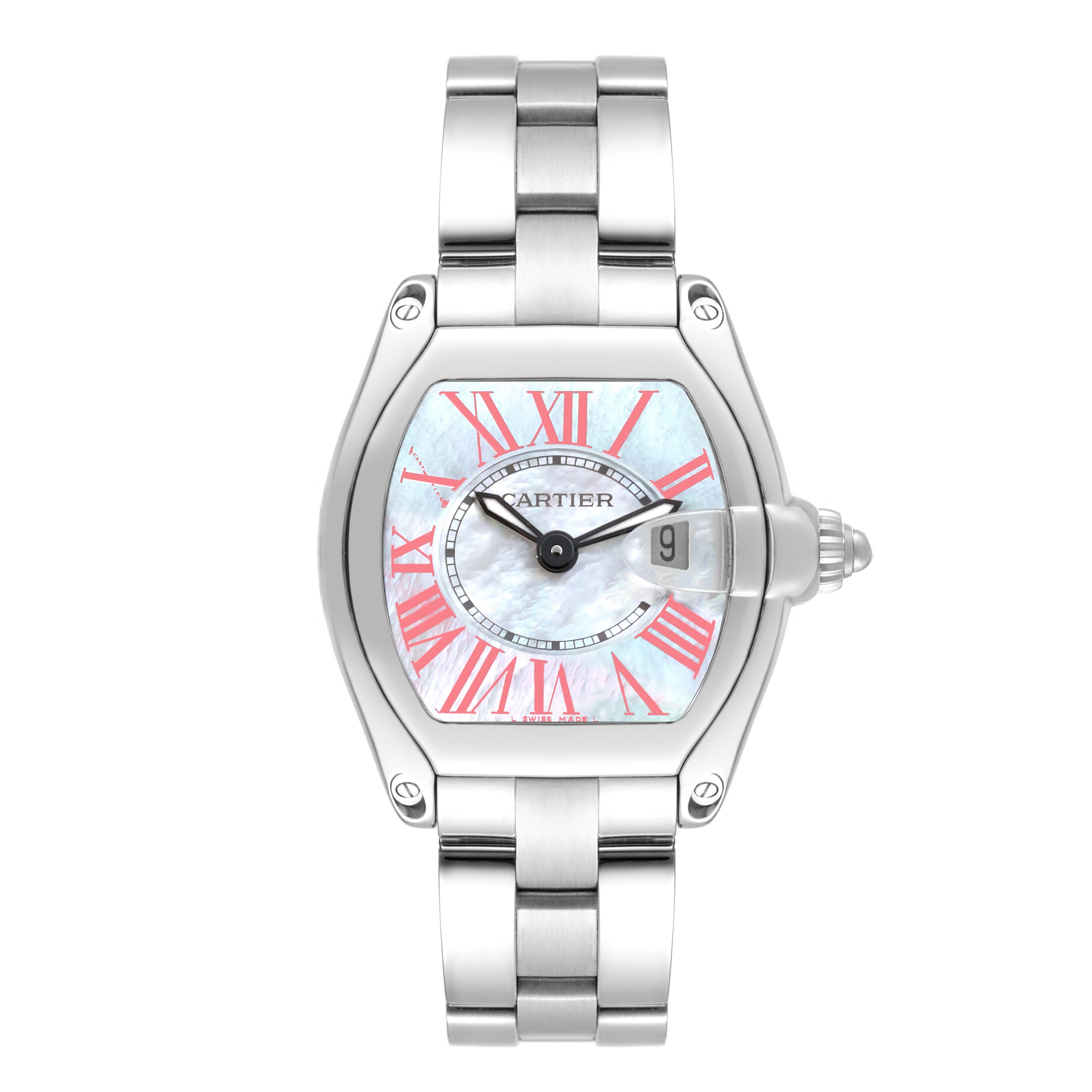 The image shows a Cartier Roadster W6206006 Women's Stainless Steel Mother of Pearl Dial W6206006 Women's Stainless Steel Mother of Pearl Dial watch from a top view, displaying its dial, hands, date window, and stainless steel bracelet.
