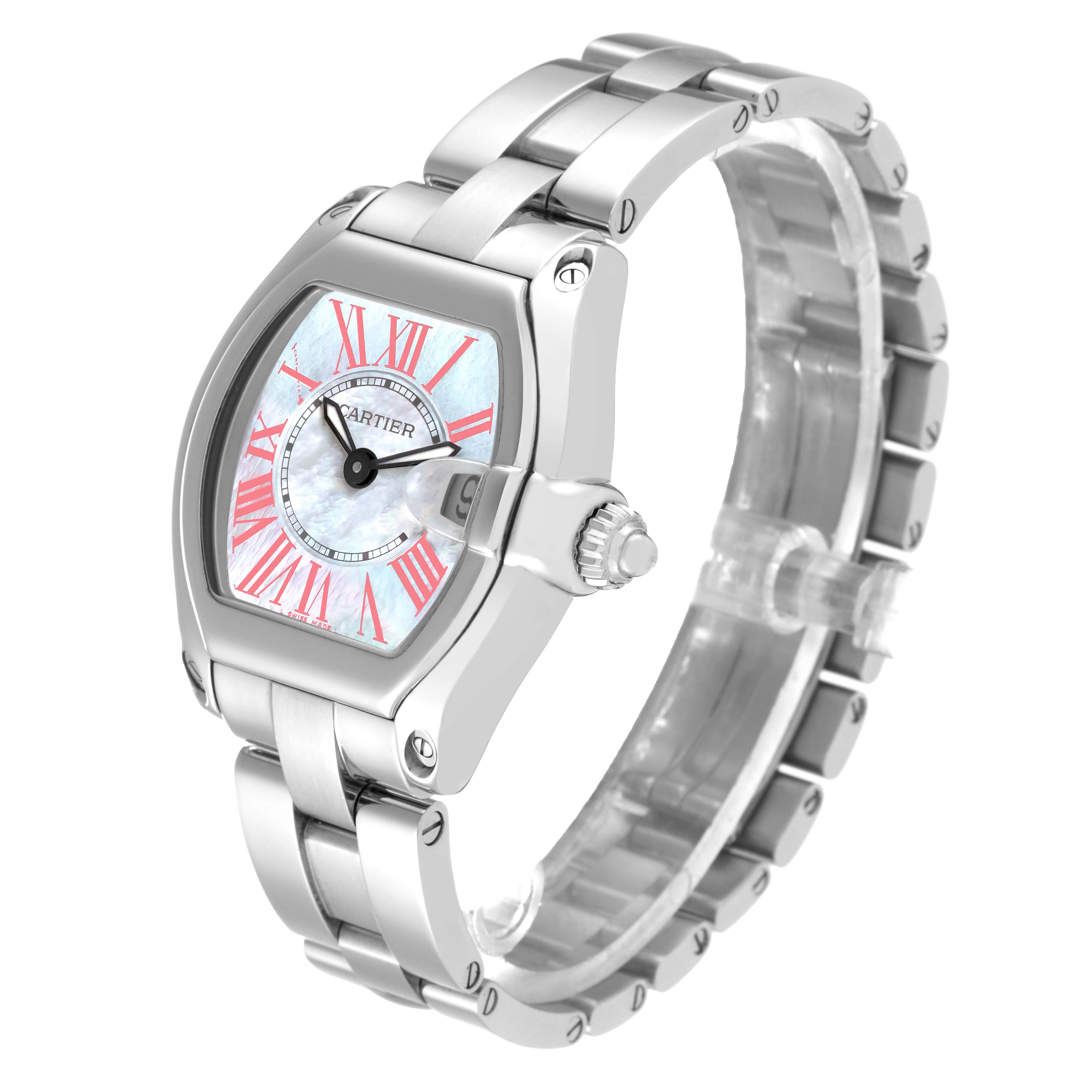 The image shows a Cartier Roadster W6206006 Women's Stainless Steel Mother of Pearl Dial W6206006 Women's Stainless Steel Mother of Pearl Dial watch at a three-quarter angle, highlighting the dial and metal bracelet.