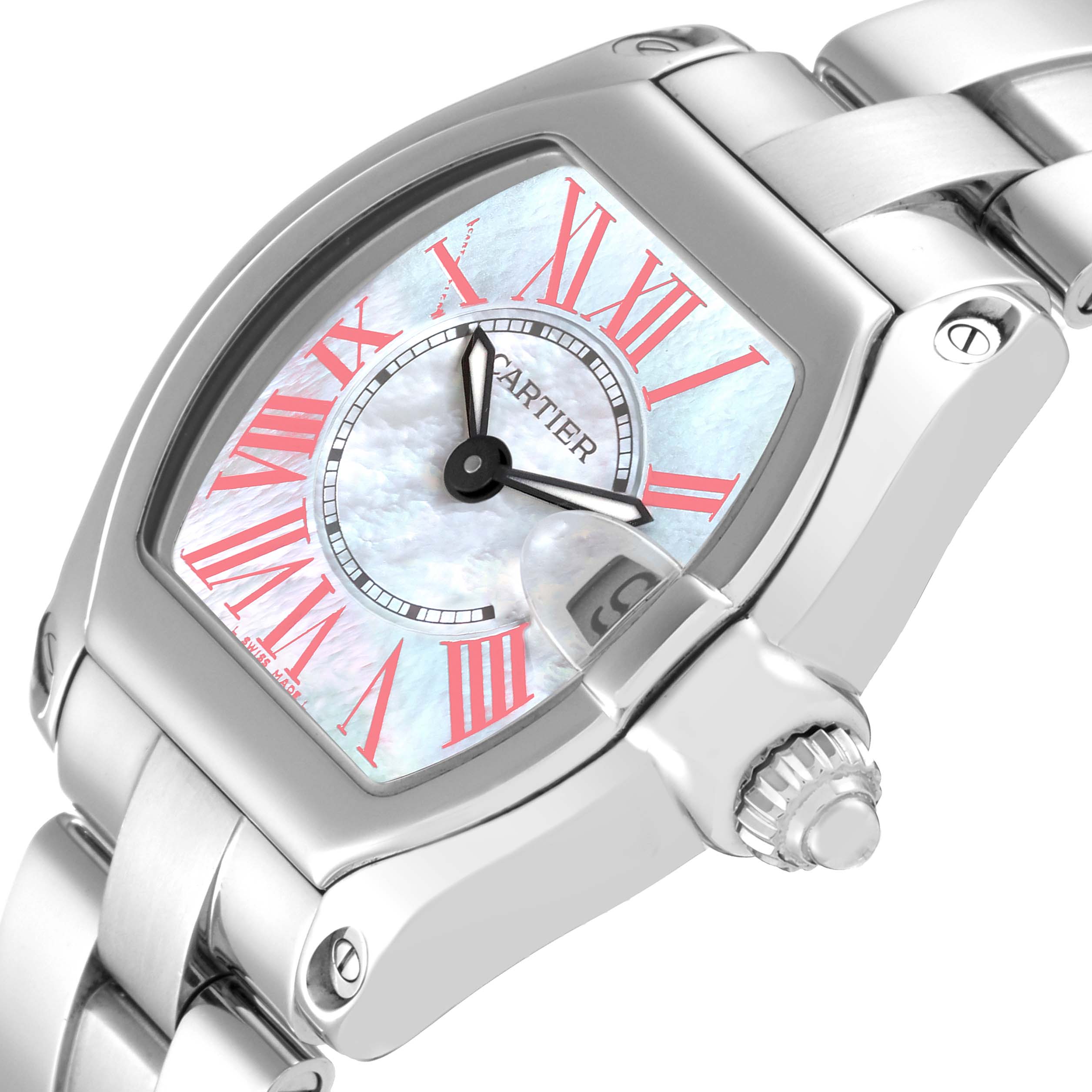 The image shows a close-up angle of the Cartier Roadster W6206006 Women's Stainless Steel Mother of Pearl Dial W6206006 Women's Stainless Steel Mother of Pearl Dial watch, highlighting the dial, crown, and part of the bracelet.