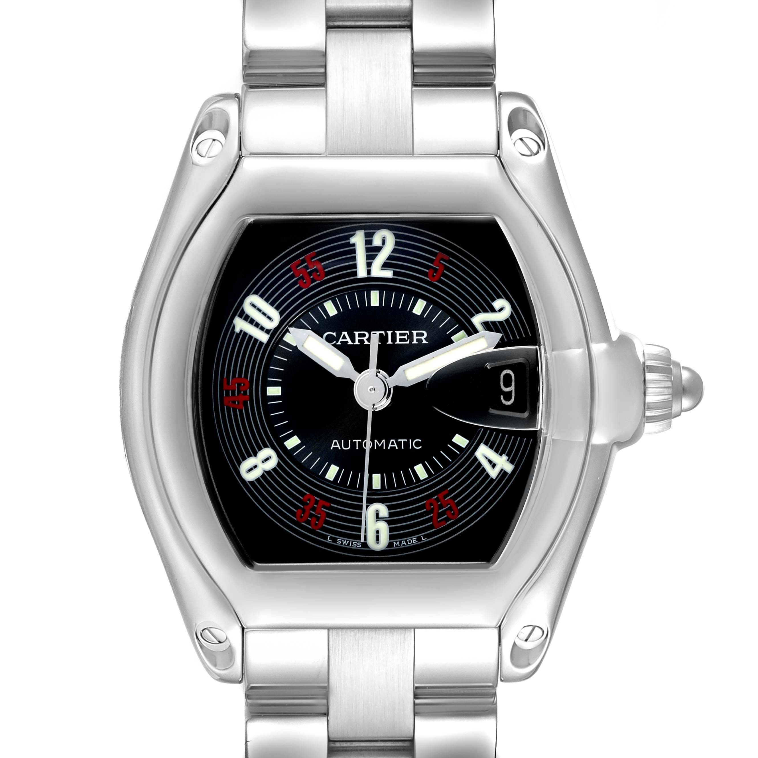 The Cartier Roadster W62002V3 Men's Stainless Steel Black Dial W62002V3 Men's Stainless Steel Black Dial watch is shown from the front, displaying its dial, bracelet, and distinct crown.