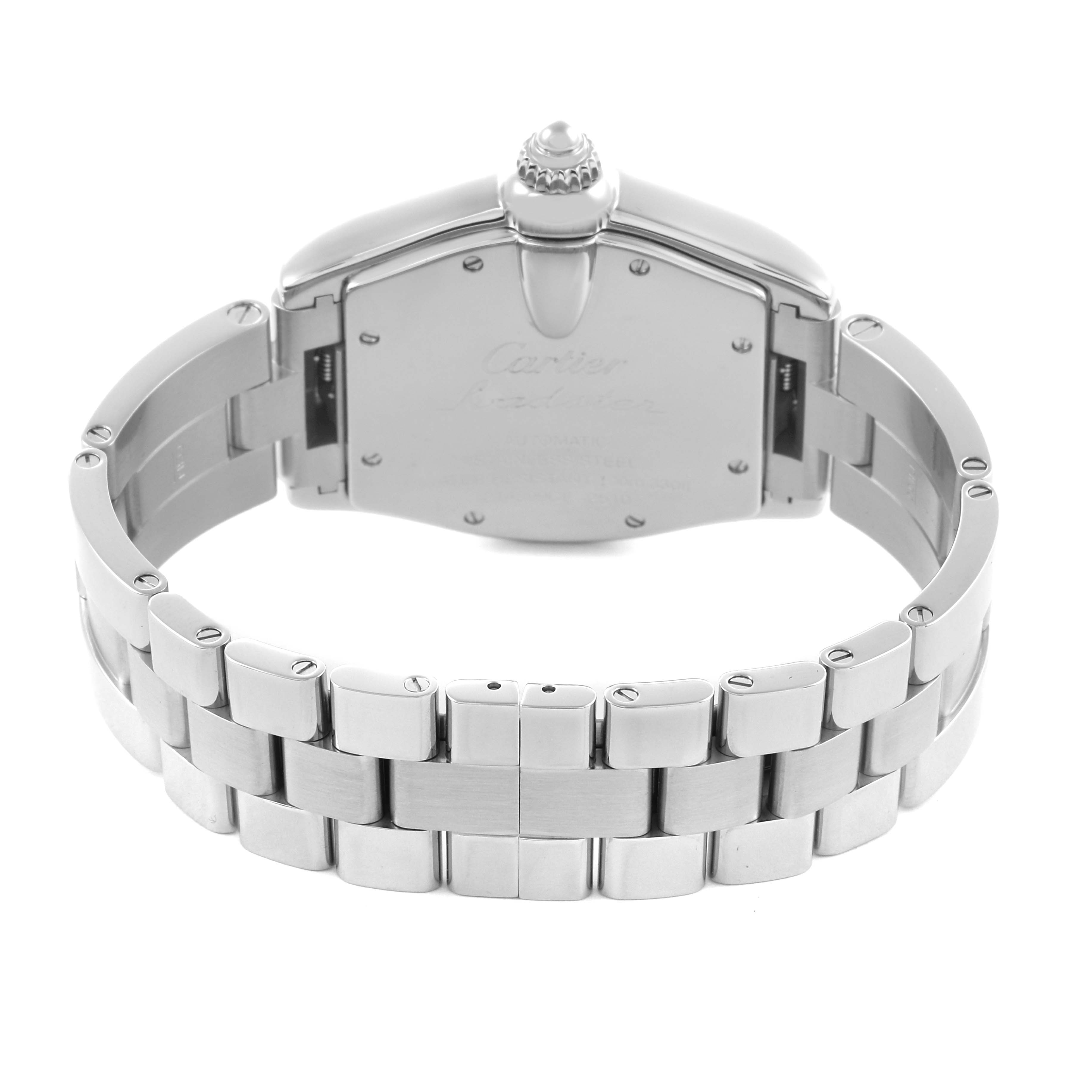 The Cartier Roadster W62002V3 Men's Stainless Steel Black Dial W62002V3 Men's Stainless Steel Black Dial watch is shown from the back, highlighting the case back and stainless steel bracelet.