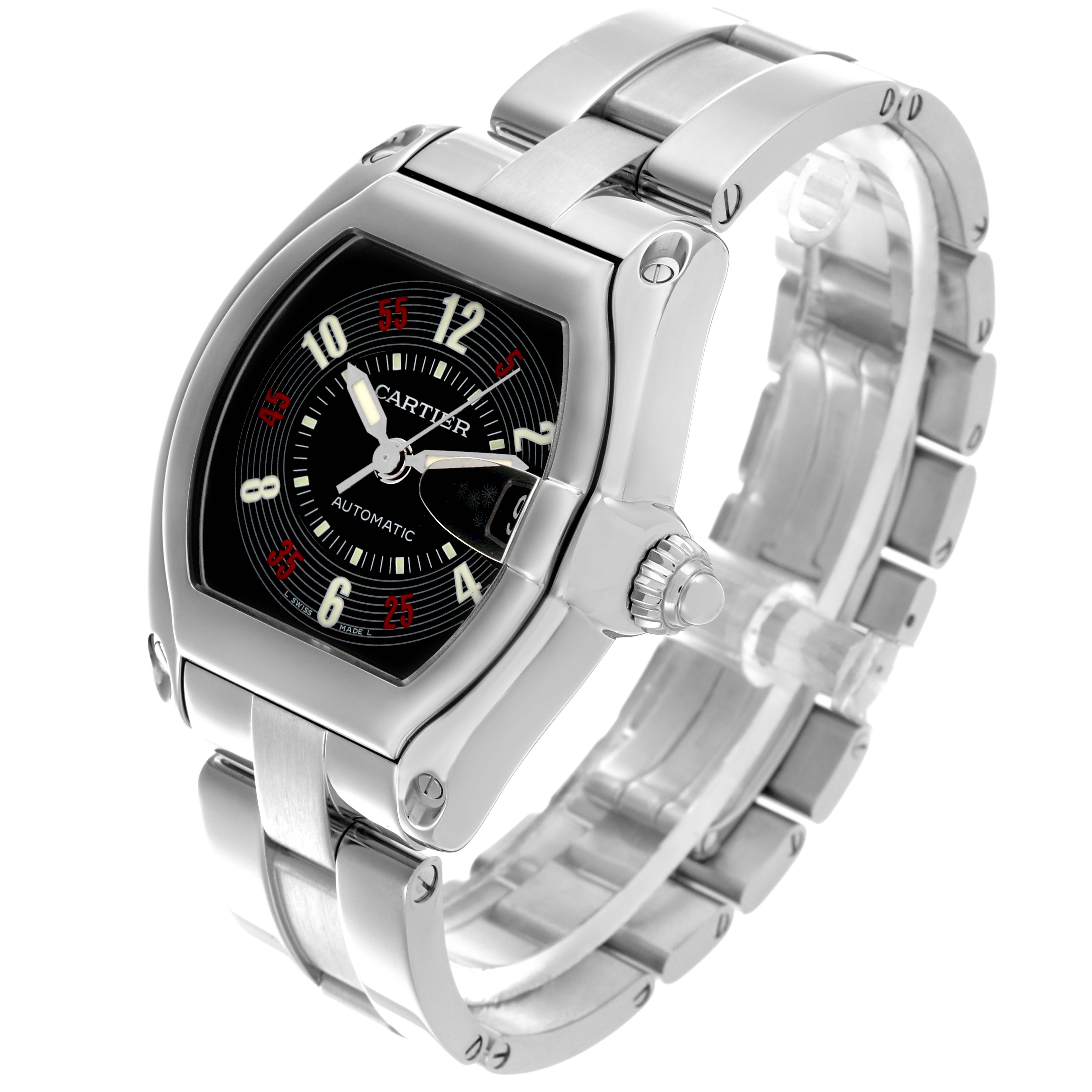 The Cartier Roadster W62002V3 Men's Stainless Steel Black Dial W62002V3 Men's Stainless Steel Black Dial watch is shown at a three-quarter angle, highlighting the face, case, crown, and bracelet.