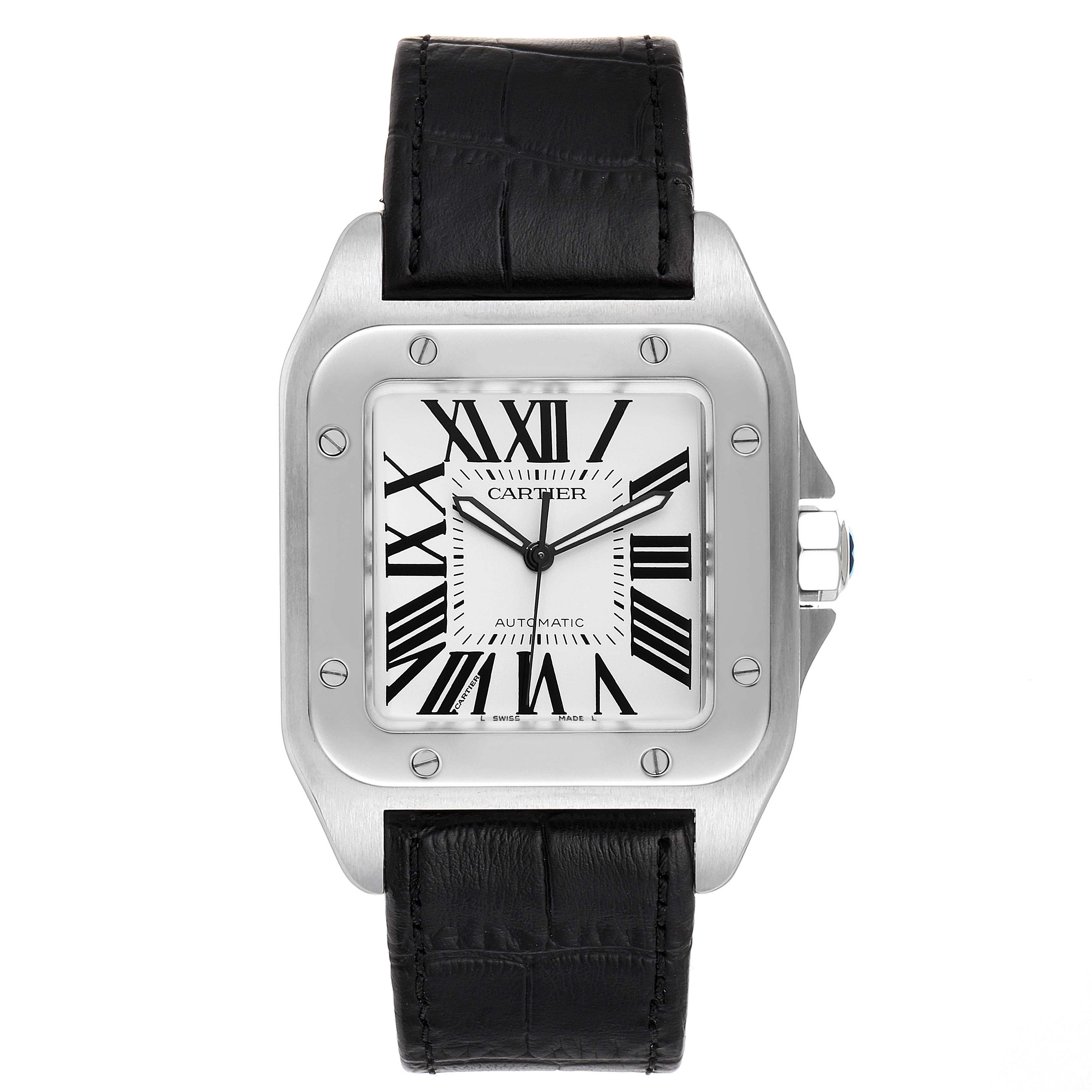 This is a front view of the Cartier Santos W20073X8 Men's Stainless Steel Silver Dial W20073X8 Men's Stainless Steel Silver Dial watch, showing the dial, bezel, and black leather strap.