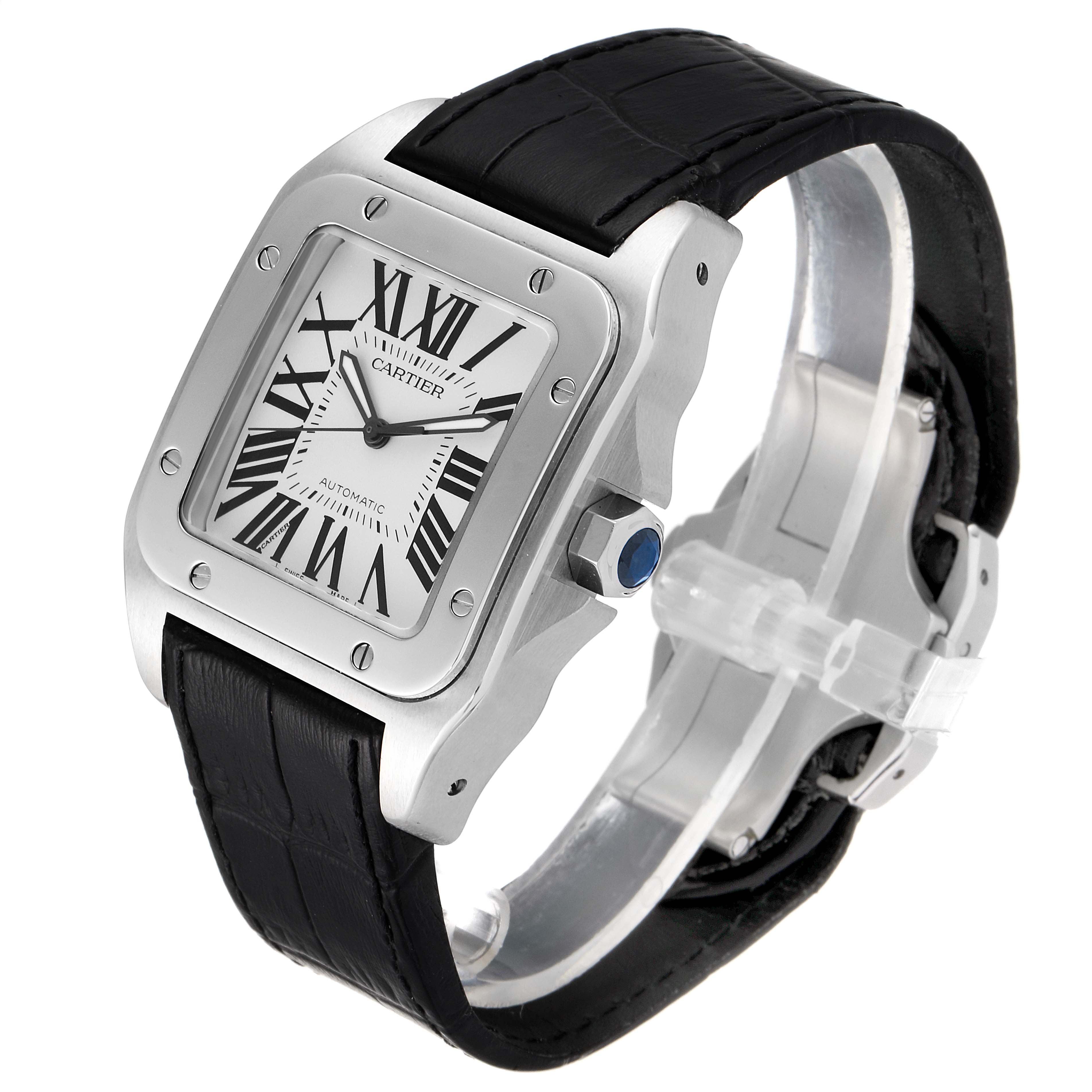 This image shows a Cartier Santos W20073X8 Men's Stainless Steel Silver Dial W20073X8 Men's Stainless Steel Silver Dial model watch at a three-quarter angle, highlighting the face, bezel, and strap.