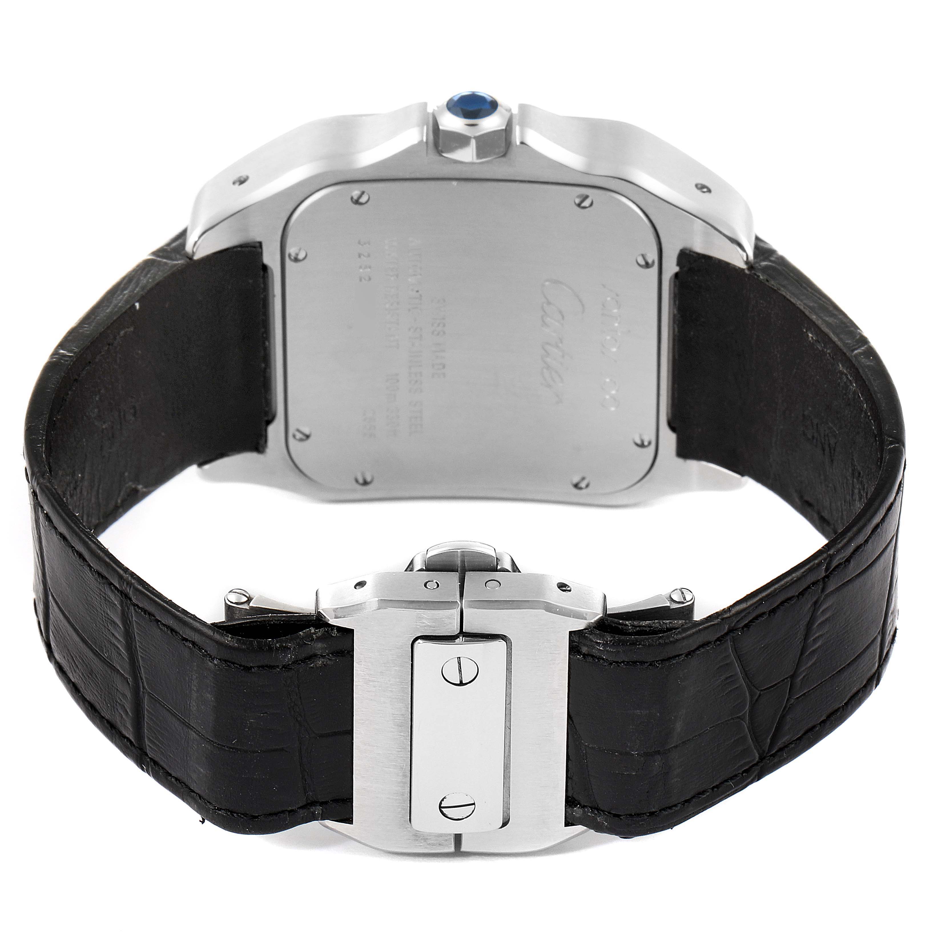 This image shows the back case and leather strap of a Cartier Santos W20073X8 Men's Stainless Steel Silver Dial W20073X8 Men's Stainless Steel Silver Dial watch from a rear angle.
