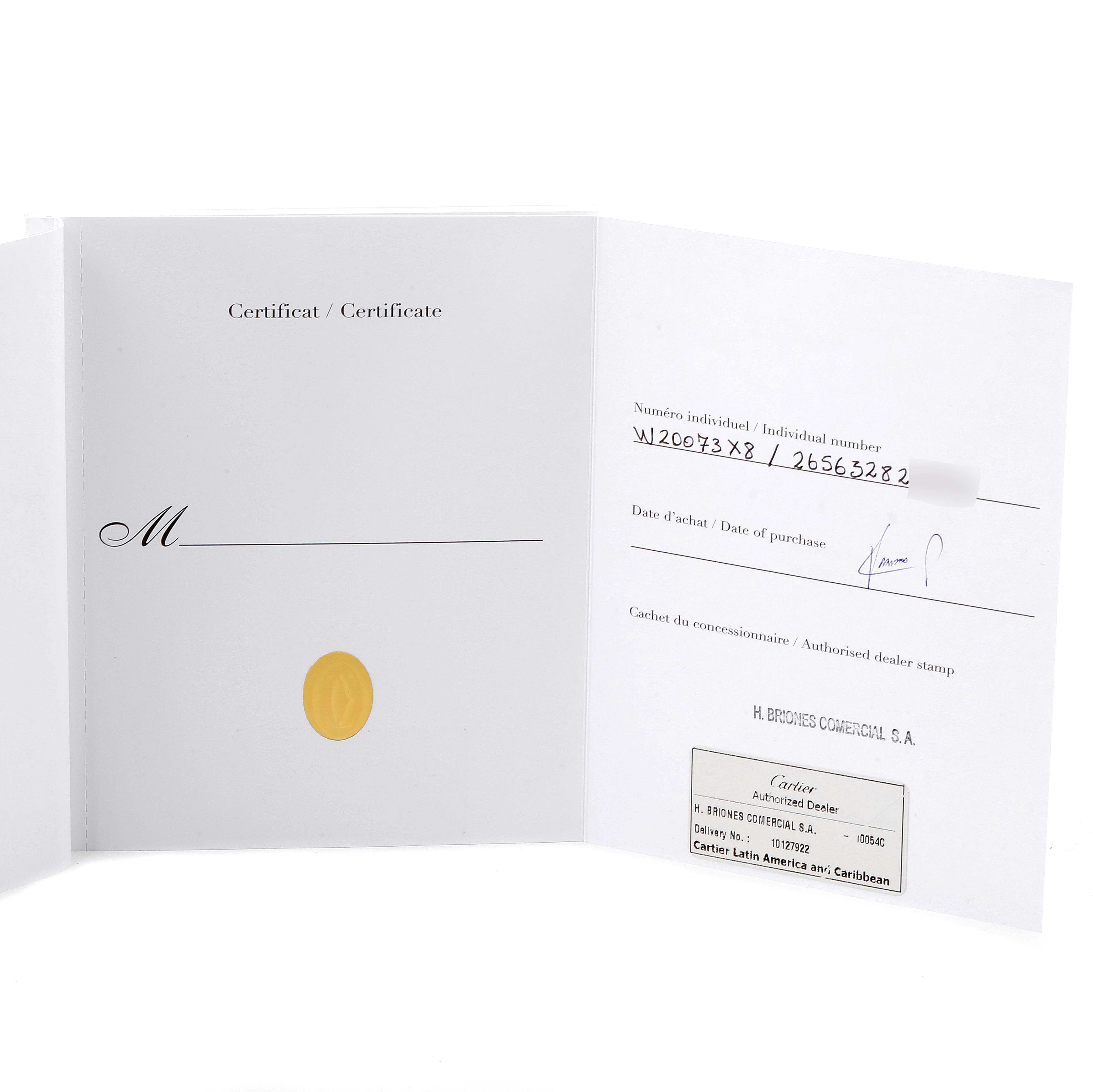 This image shows an open warranty certificate for a Santos model watch by Cartier, displaying authorization and individual number details.