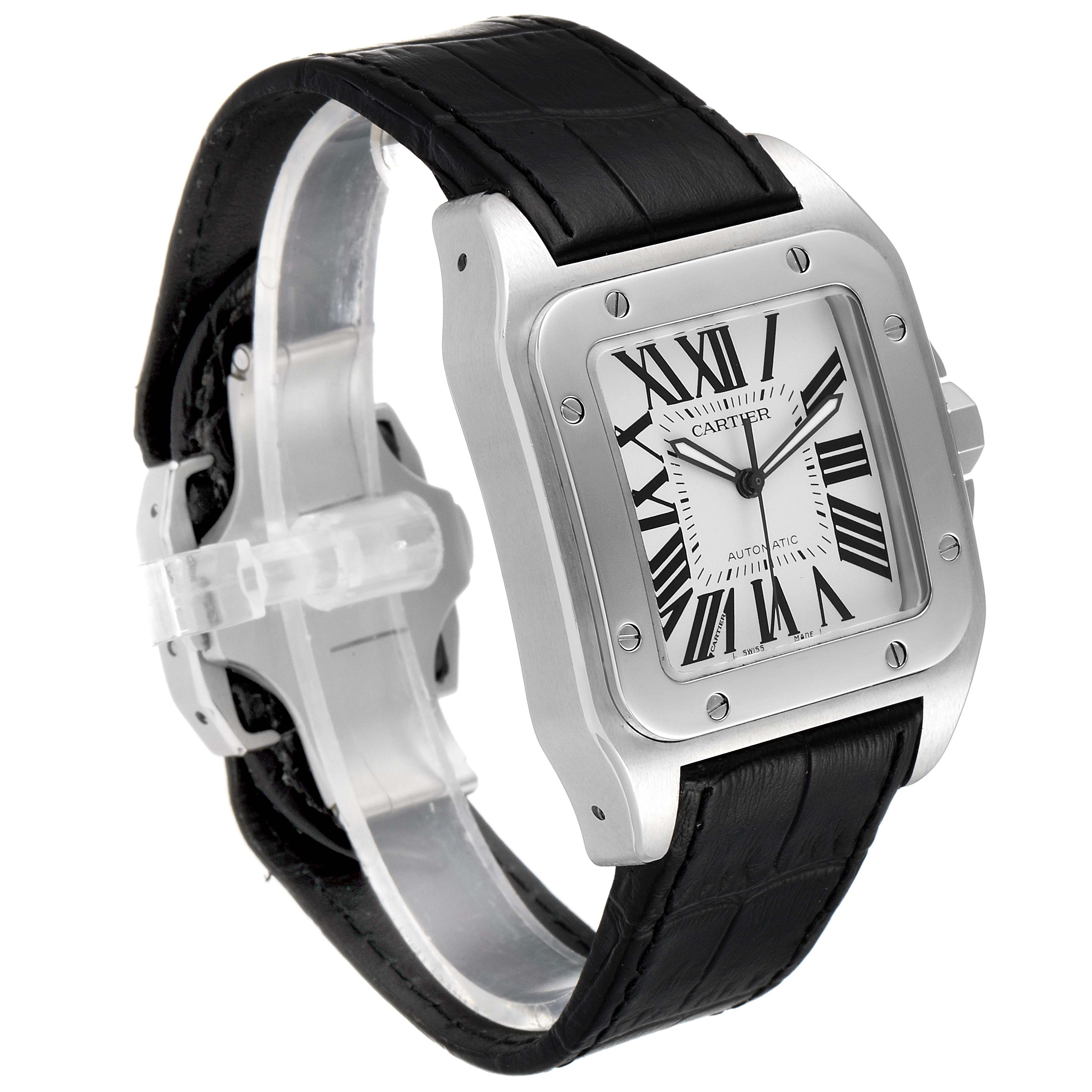 The Cartier Santos W20073X8 Men's Stainless Steel Silver Dial W20073X8 Men's Stainless Steel Silver Dial watch is shown at a slight angle displaying the face, case, bezel, and part of the leather strap.