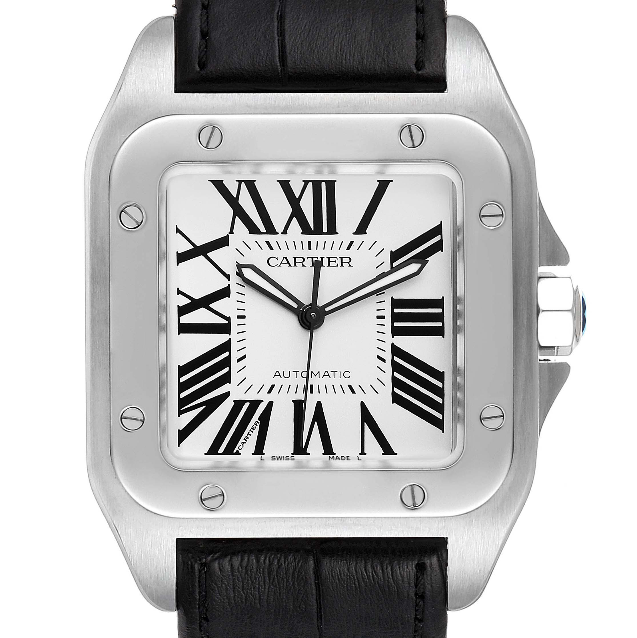 The image shows a Cartier Santos W20073X8 Men's Stainless Steel Silver Dial W20073X8 Men's Stainless Steel Silver Dial model watch from the front, highlighting its square face, Roman numerals, bezel screws, and black leather strap.