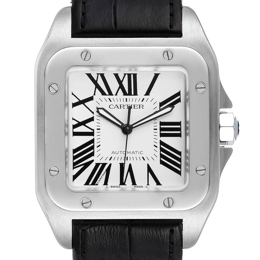 Cartier Santos 100 Silver Dial Black Strap Steel Mens Watch W20073X8 Box Papers SwissWatchExpo