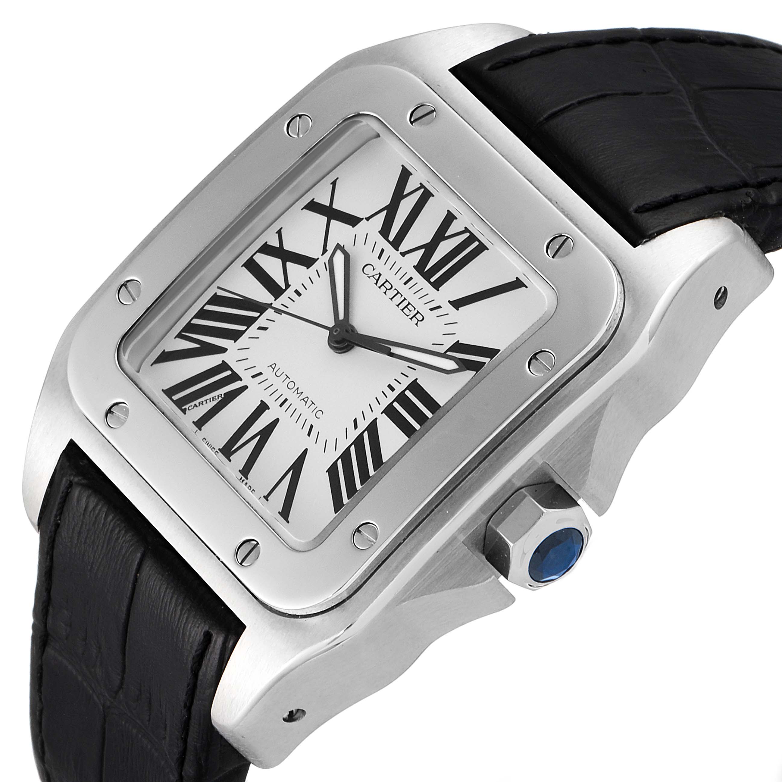 The image shows a close-up side and front view of a Cartier Santos W20073X8 Men's Stainless Steel Silver Dial W20073X8 Men's Stainless Steel Silver Dial watch, featuring its dial, bezel, and crown.