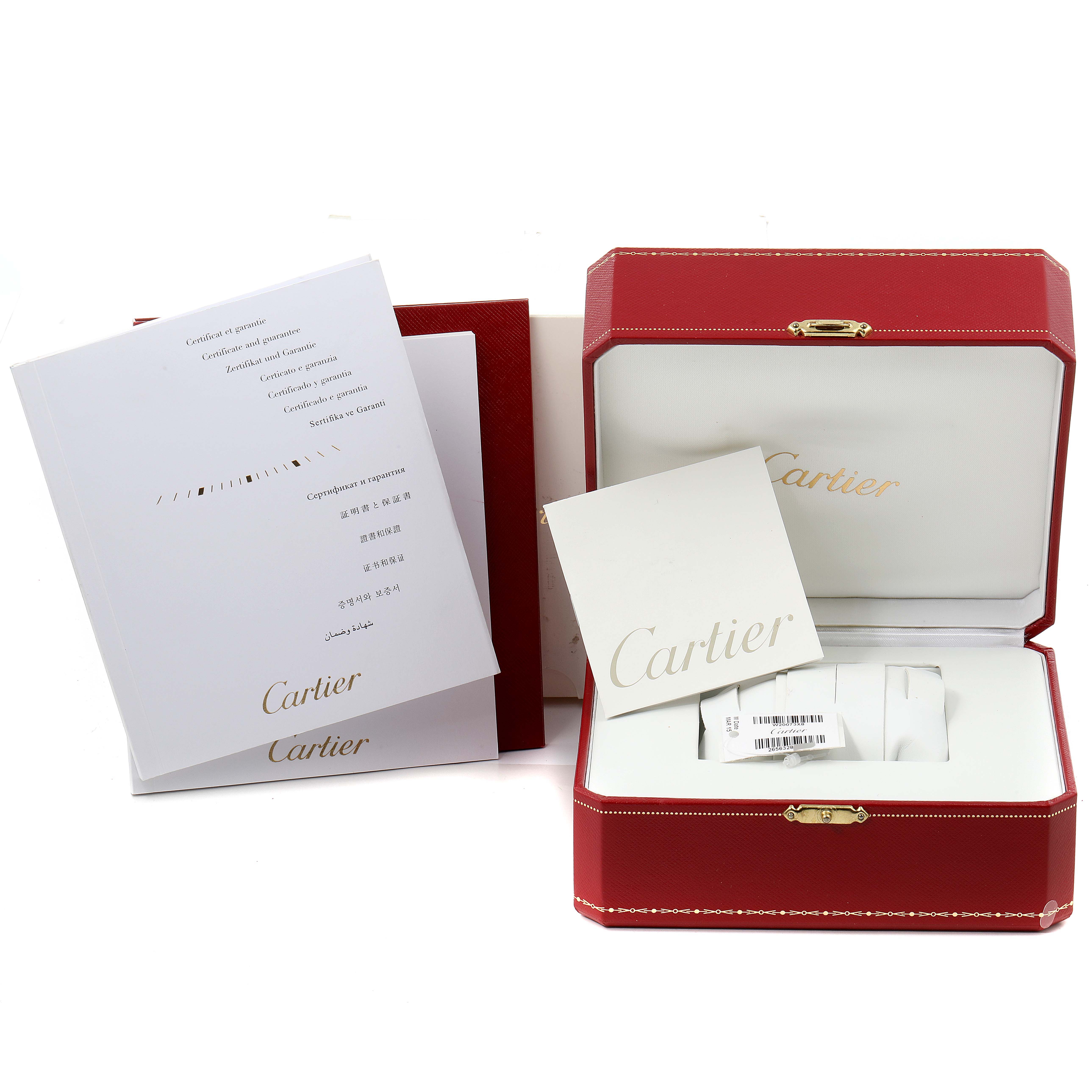 The image shows the packaging and documentation for a Cartier Santos W20073X8 Men's Stainless Steel Silver Dial W20073X8 Men's Stainless Steel Silver Dial watch, including the watch box, certificates, and booklets.