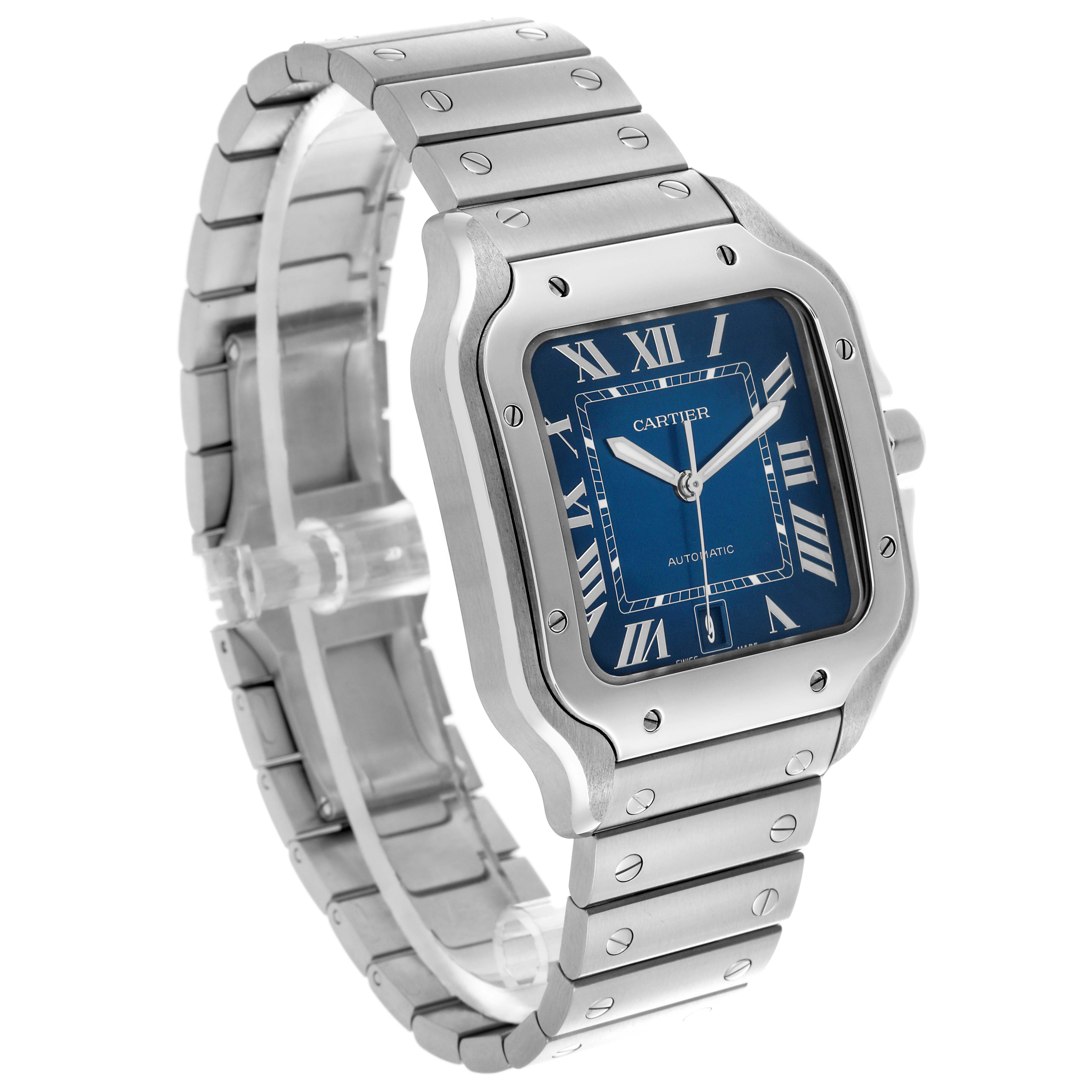 The image shows a Cartier Santos WSSA0030 Men's Stainless Steel Blue Dial WSSA0030 Men's Stainless Steel Blue Dial watch at a three-quarter angle, highlighting its blue dial, bezel, and bracelet.