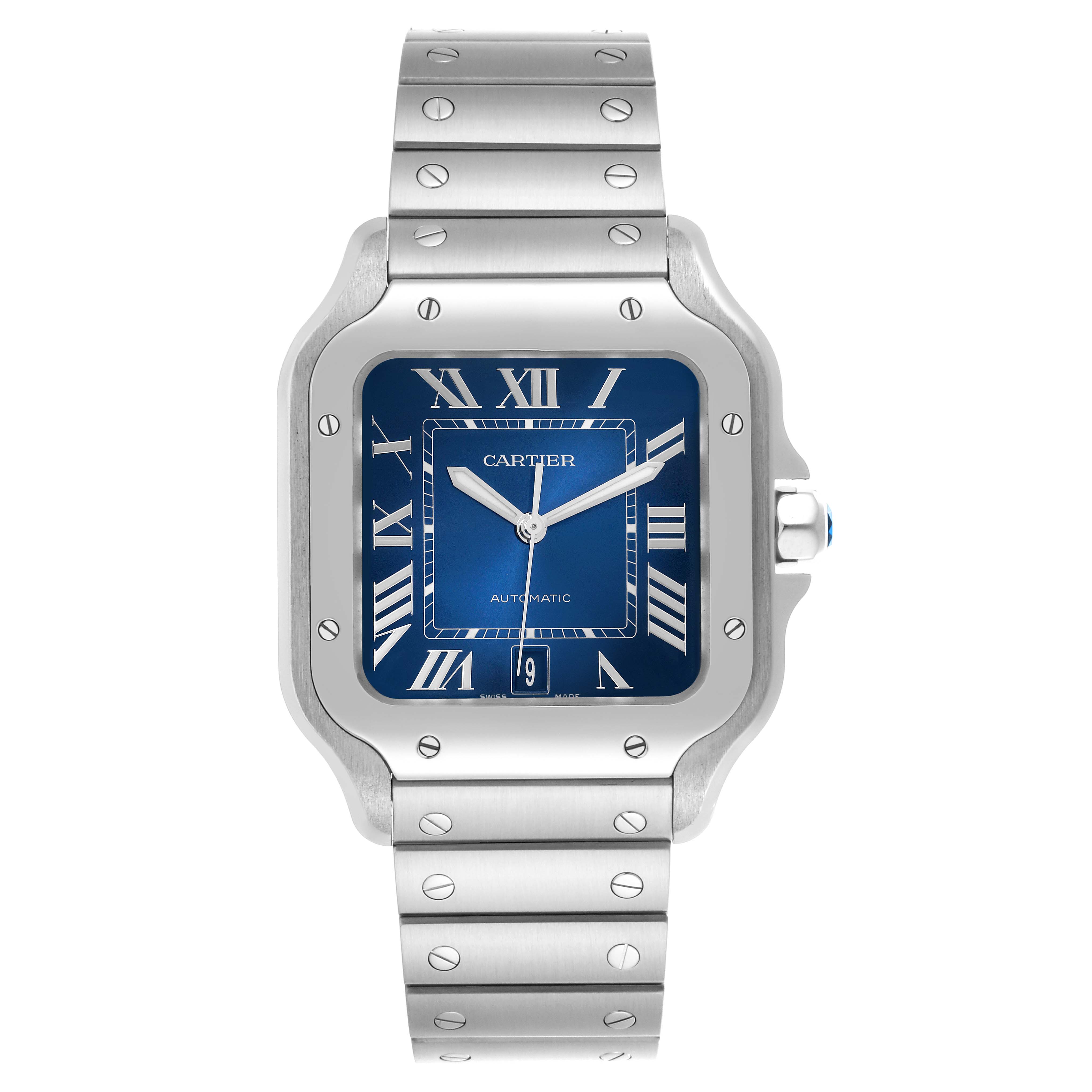 The image shows a Cartier Santos WSSA0030 Men's Stainless Steel Blue Dial WSSA0030 Men's Stainless Steel Blue Dial watch from a front view, displaying the dial, bezel, and part of the bracelet.