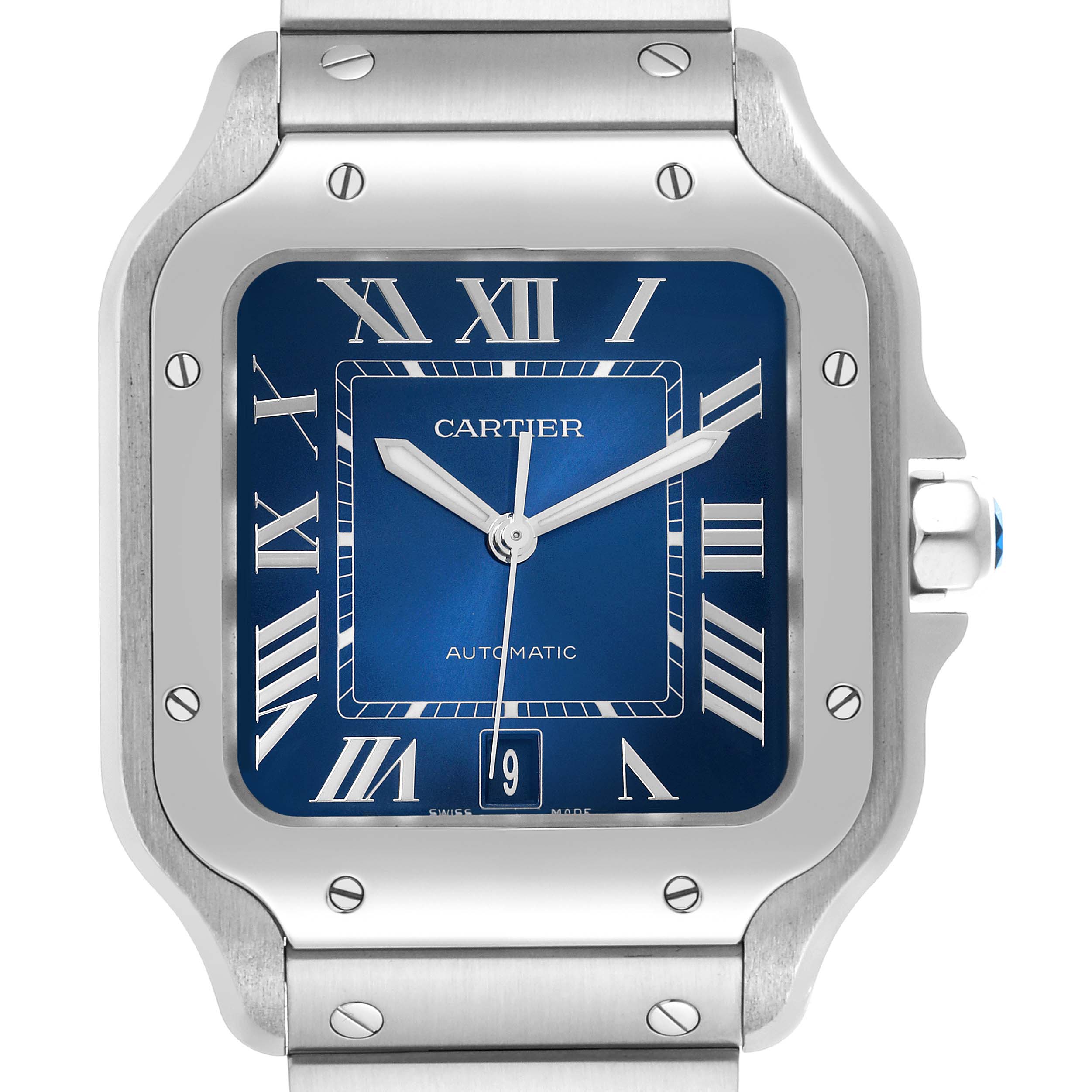 The image shows a front view of the Cartier Santos WSSA0030 Men's Stainless Steel Blue Dial WSSA0030 Men's Stainless Steel Blue Dial watch, highlighting its blue dial, Roman numerals, and metal bracelet.