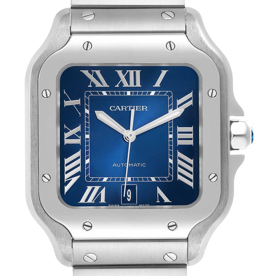 The image shows a front view of the Cartier Santos watch, highlighting its blue dial, Roman numerals, and metal bracelet.