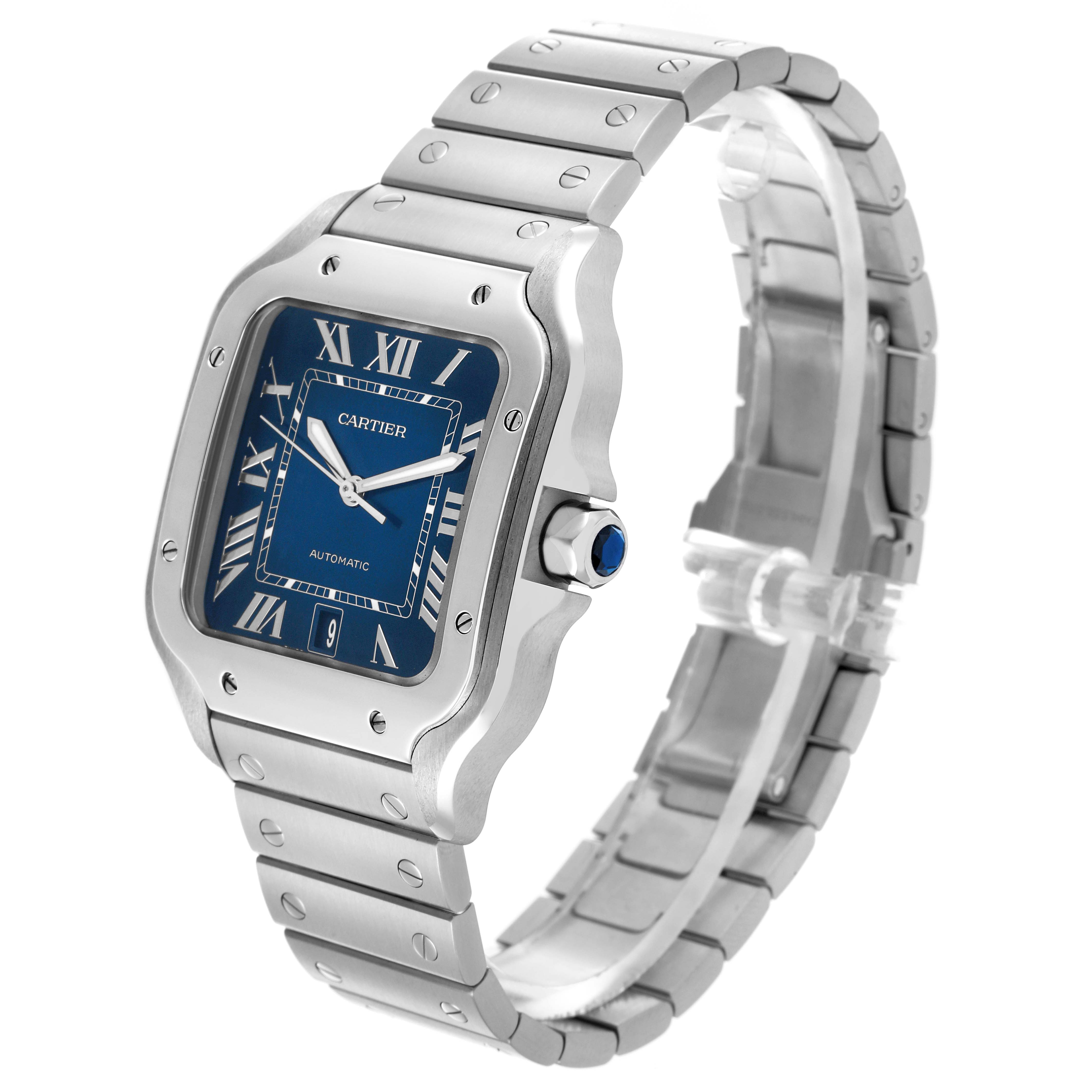 The Cartier Santos WSSA0030 Men's Stainless Steel Blue Dial WSSA0030 Men's Stainless Steel Blue Dial watch is shown at an angled side view, displaying the face, bezel, crown, and bracelet.