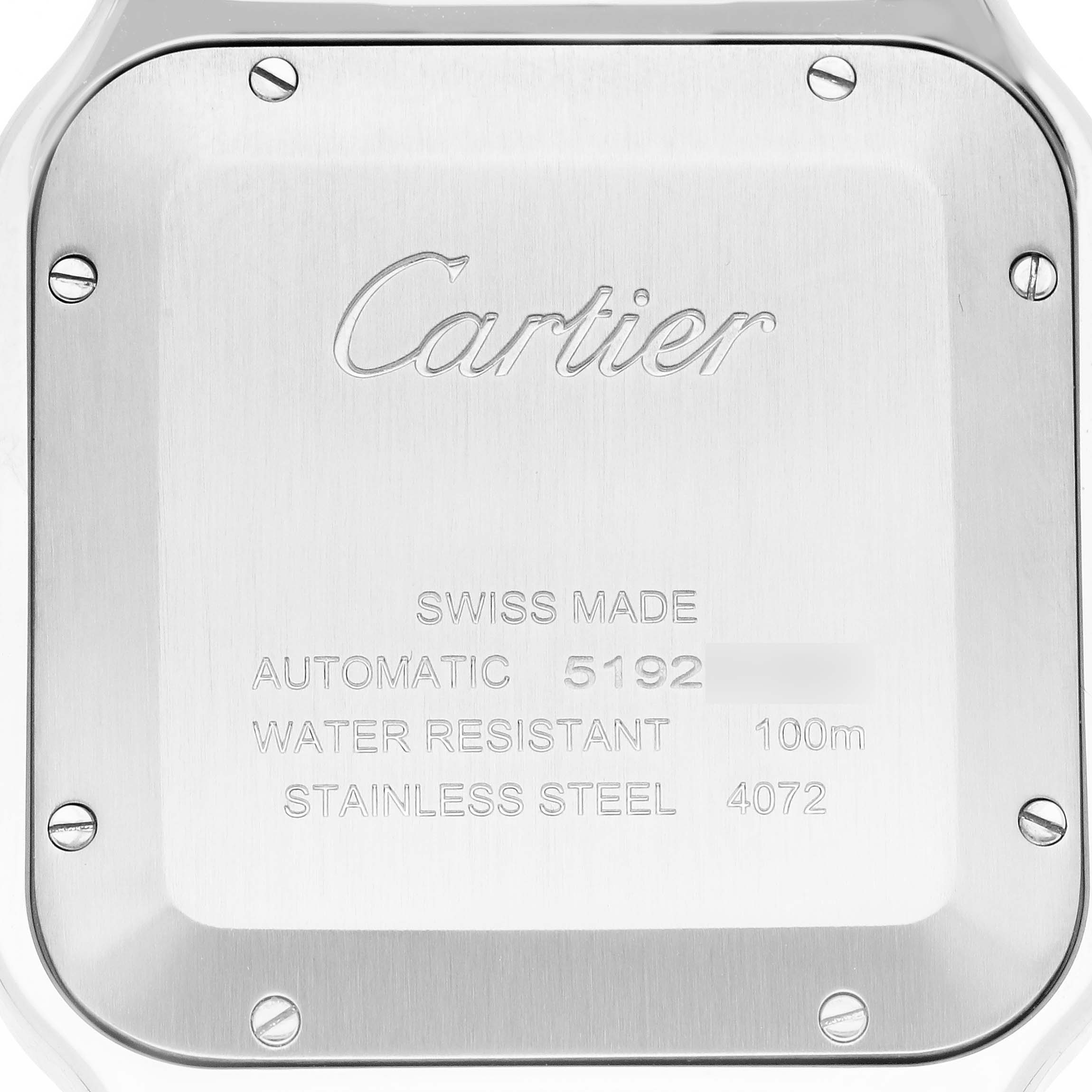 The image shows the case back of a Cartier Santos WSSA0030 Men's Stainless Steel Blue Dial WSSA0030 Men's Stainless Steel Blue Dial watch with engraved details like "Swiss Made" and "Water Resistant."