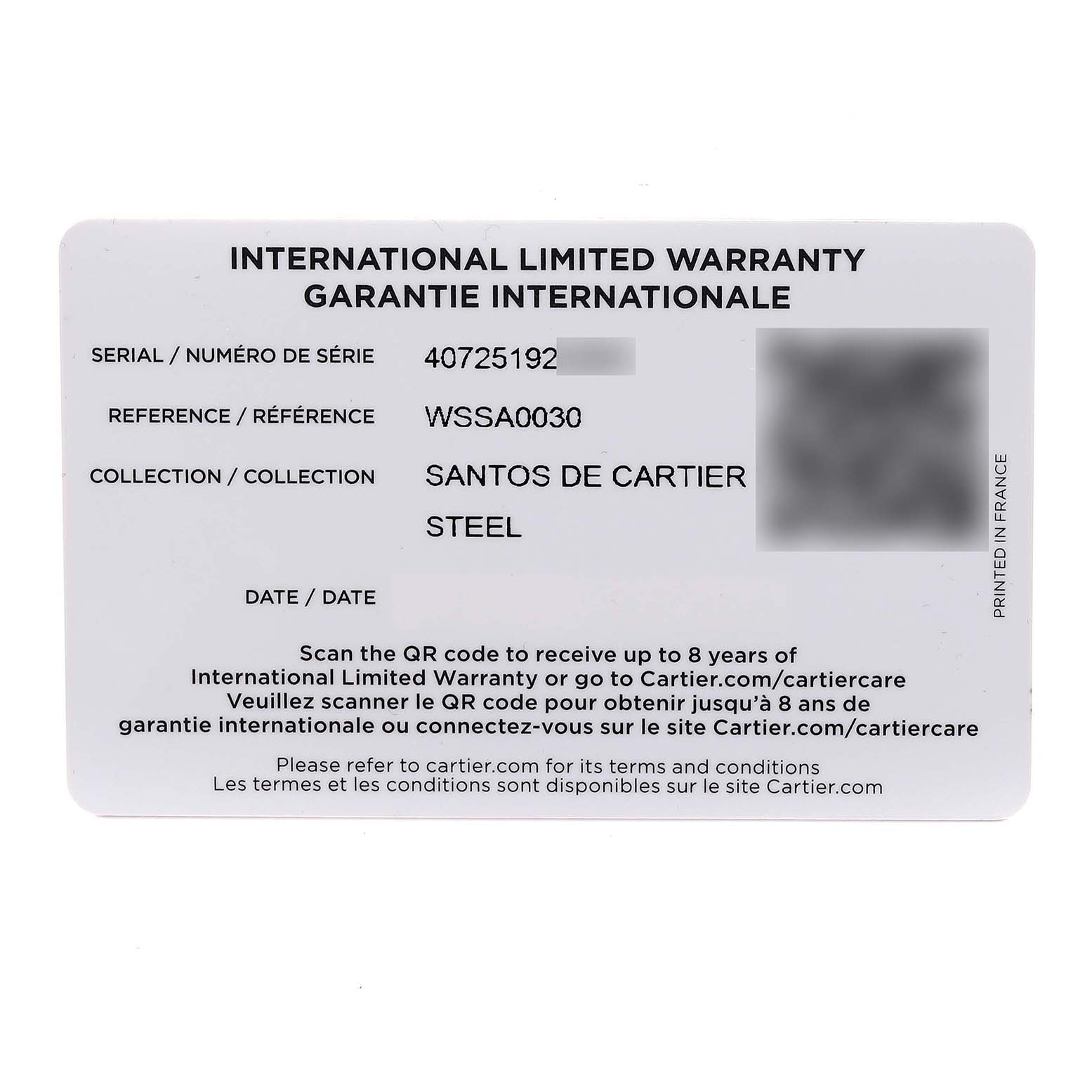 The image shows the international limited warranty card for the Santos de Cartier watch collection.